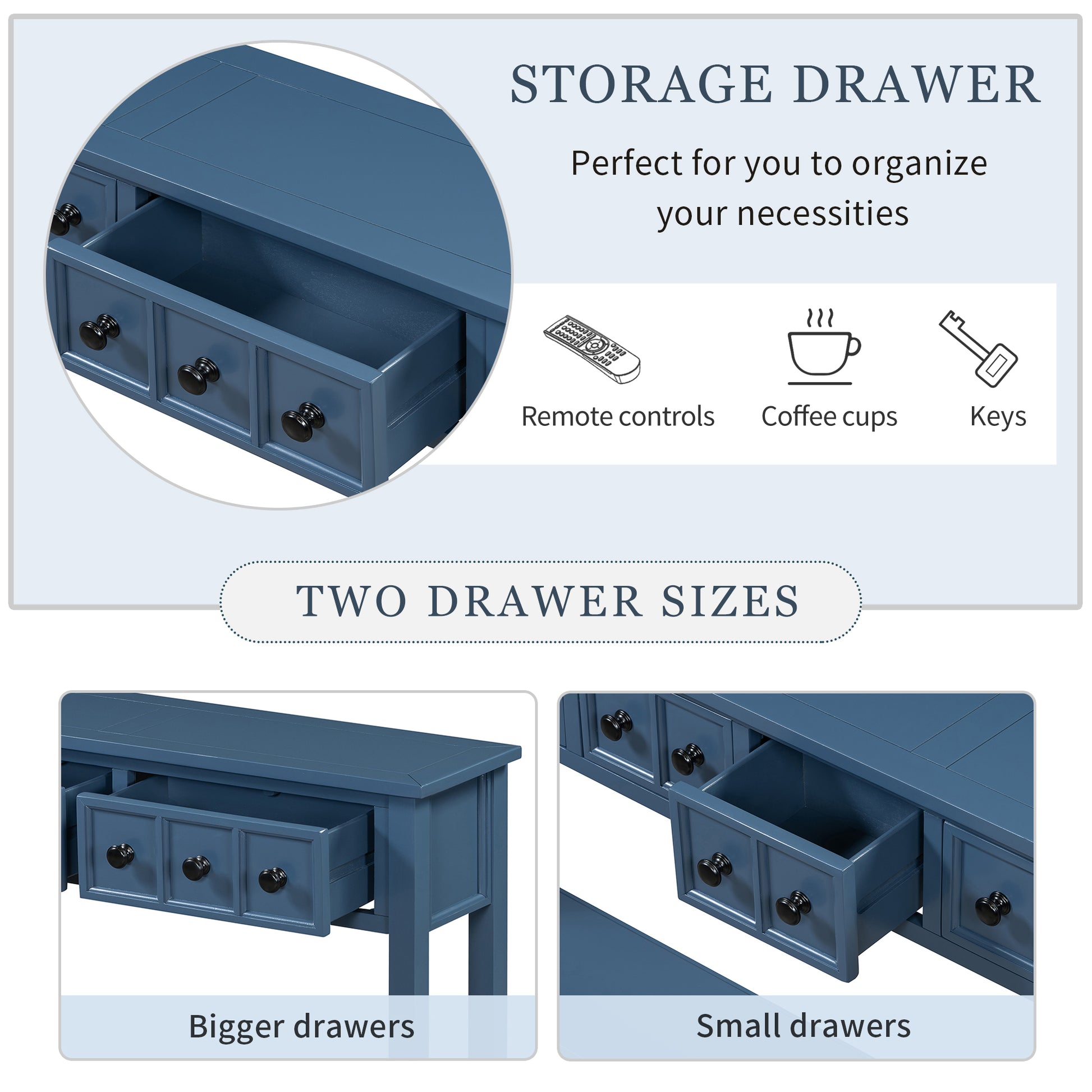 Rustic Entryway Console Table, 60" Long Sofa Table With Two Different Size Drawers And Bottom Shelf For Storage Antique Navy Antique Navy Solid Wood