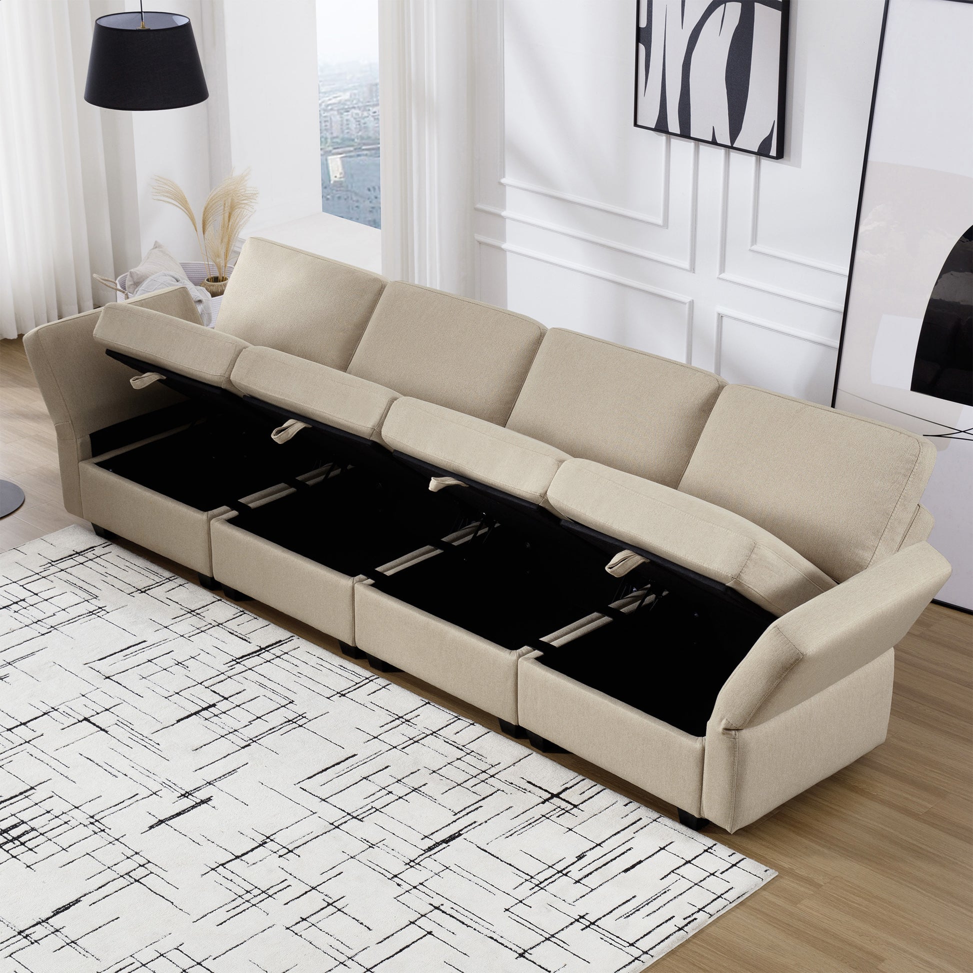 Fabric Modern Modular Sofa Couch With Storage Seats Modular Sectional Sofa 4 Seater Modular Couch For Living Room Beige Beige Polyester 4 Seat