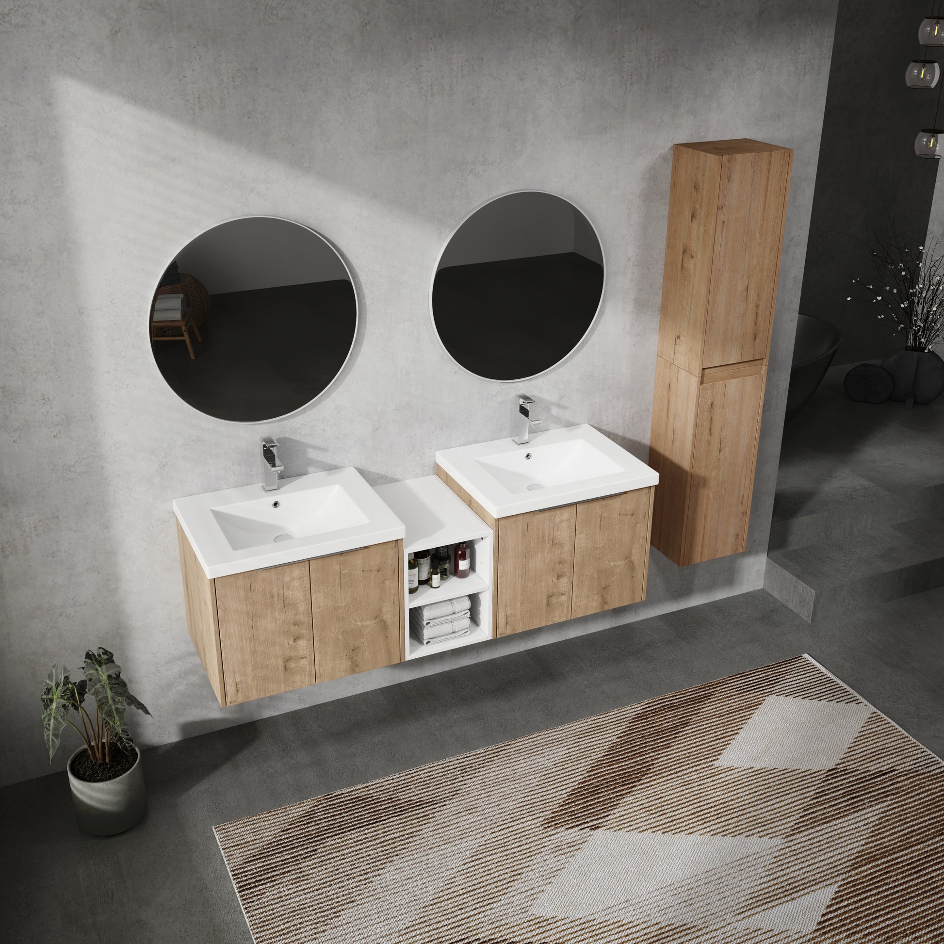 60" Wall Mounted Bathroom Vanity With Sink And Side Cabinet, Soft Close Doors,00112Imox2 0624Imox2 0612Gwh Combination Cabinet Kd Packing Imitative Oak Bathroom Modern Plywood Plywood
