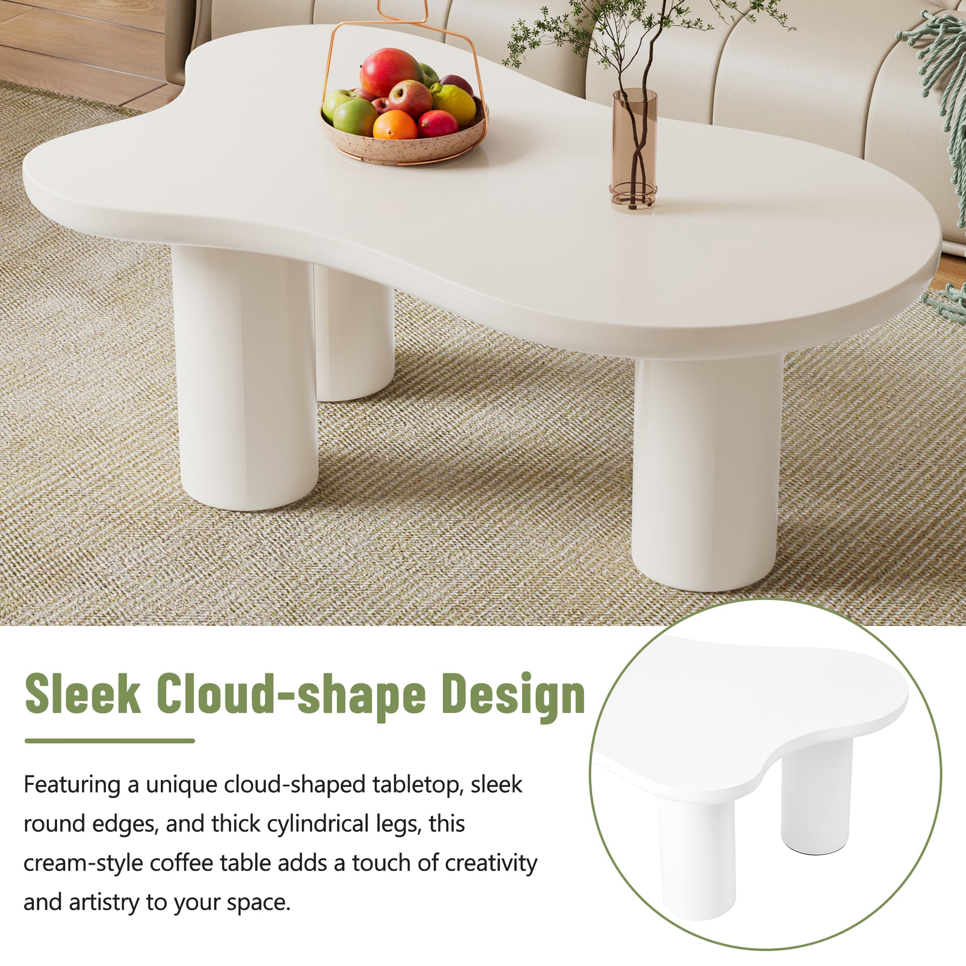 44'' X 25.9'' Easy Assembly Cloud Coffee Table With 1.5'' Thick Tabletop, Cream Style Irregular End Table With 3 Sturdy Legs, Sleek Center Table With Round Edge For Living Room, White White Mdf