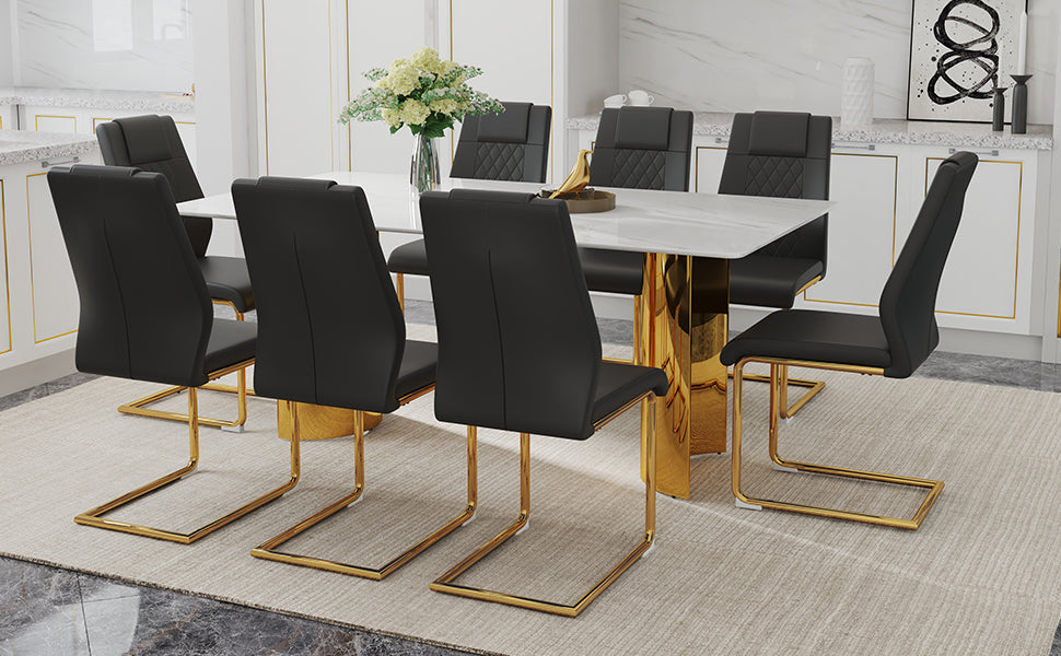 Table And Chair Set.The Table Has A Glass Tabletop With Imitation Marble Pattern Stickers And Stainless Steel Golden Table Legs. Paried With Comfortable Chairs With Pu Seats And Metal Legs. White Gold Seats 8 Glass Metal