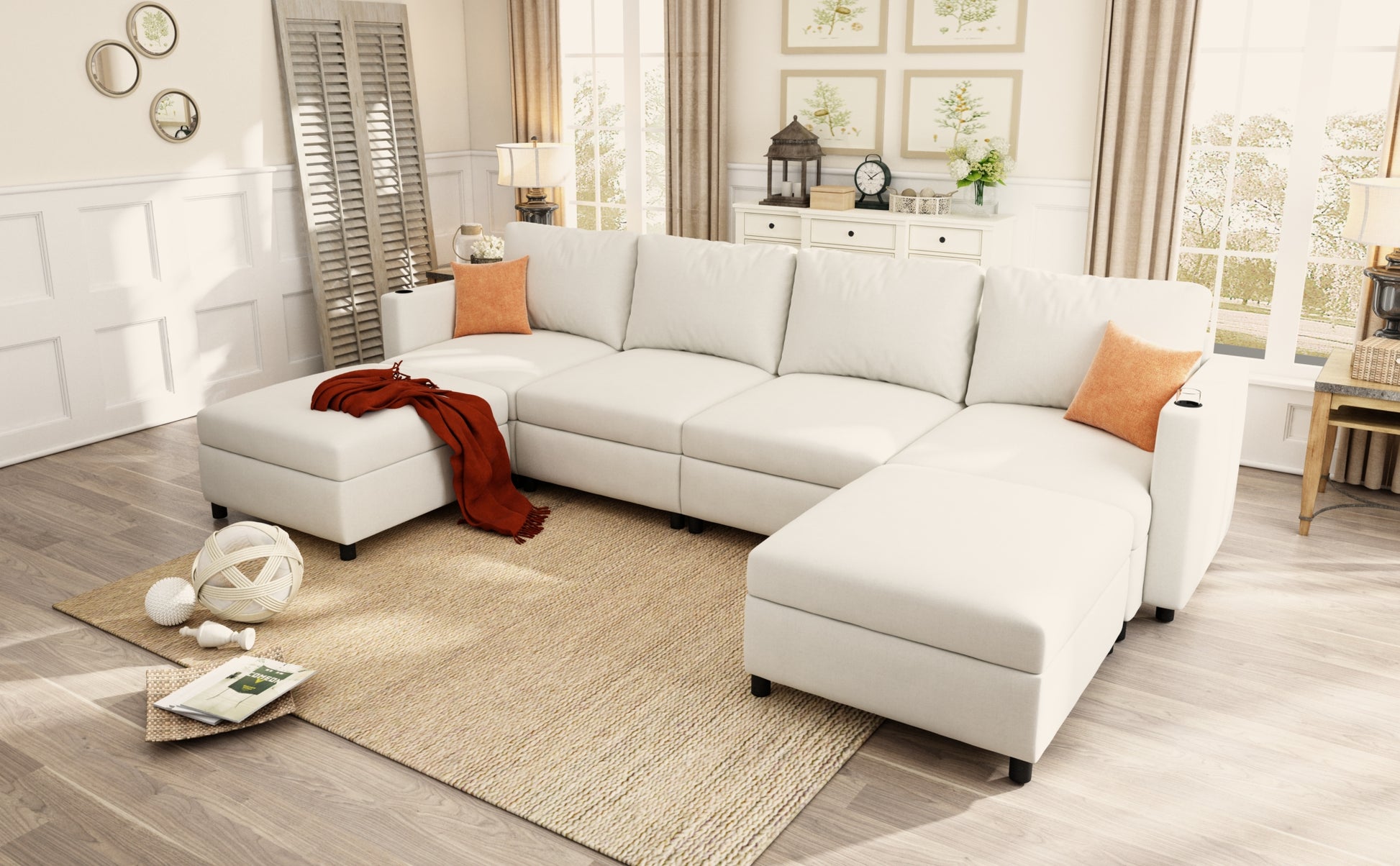 Modern Large Sectional Sofa, U Shape Modular Sectional Couch With Storage Function,123" Sofa Bed With Ottoman,6 Seat Sectionals Chaise For Living Room,Chenille Antique White Fabric 6 Seat