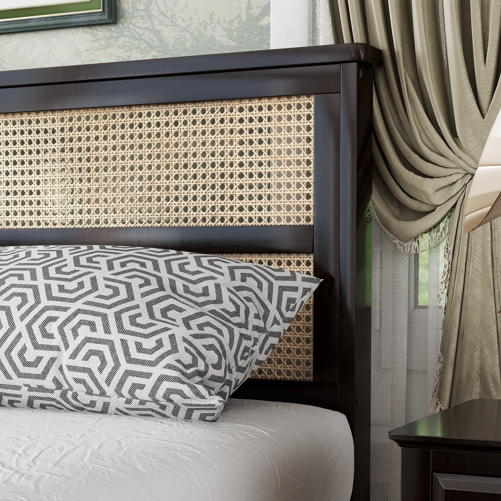 Queen Size Rubber Wooden, Solid Wooden Bed With Rattan Headboard, Enhanced By Support Feet,Espresso Queen Espresso Rubber Wood