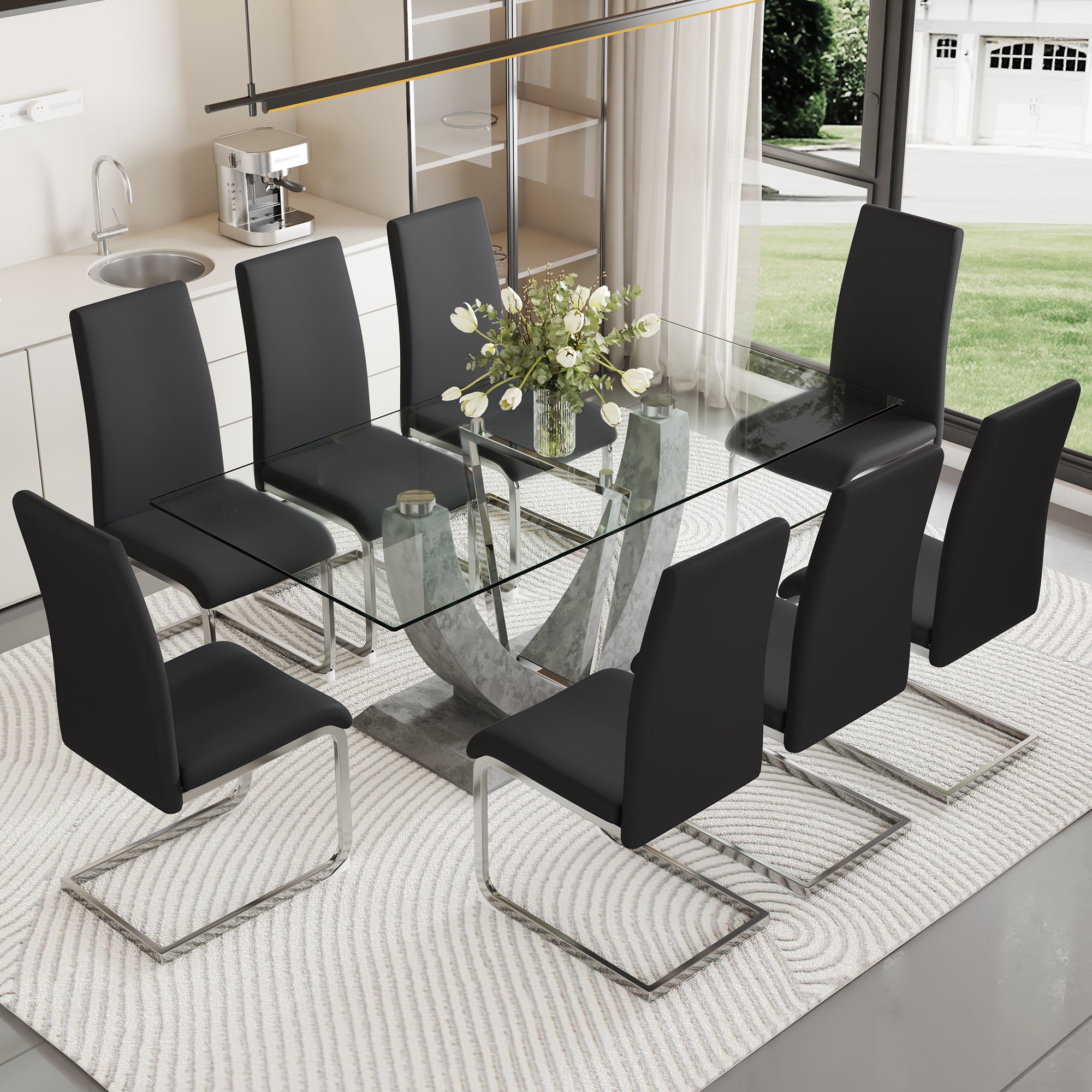 Table And Chair Set, Large Modern Rectangular Glass Table, Can Accommodate 6 8 People, Equipped With A 0.39 Inch Tempered Glass Tabletop And Large Mdf Table Legs, Comfortable And Soft Chairs. Transparent Mdf Glass