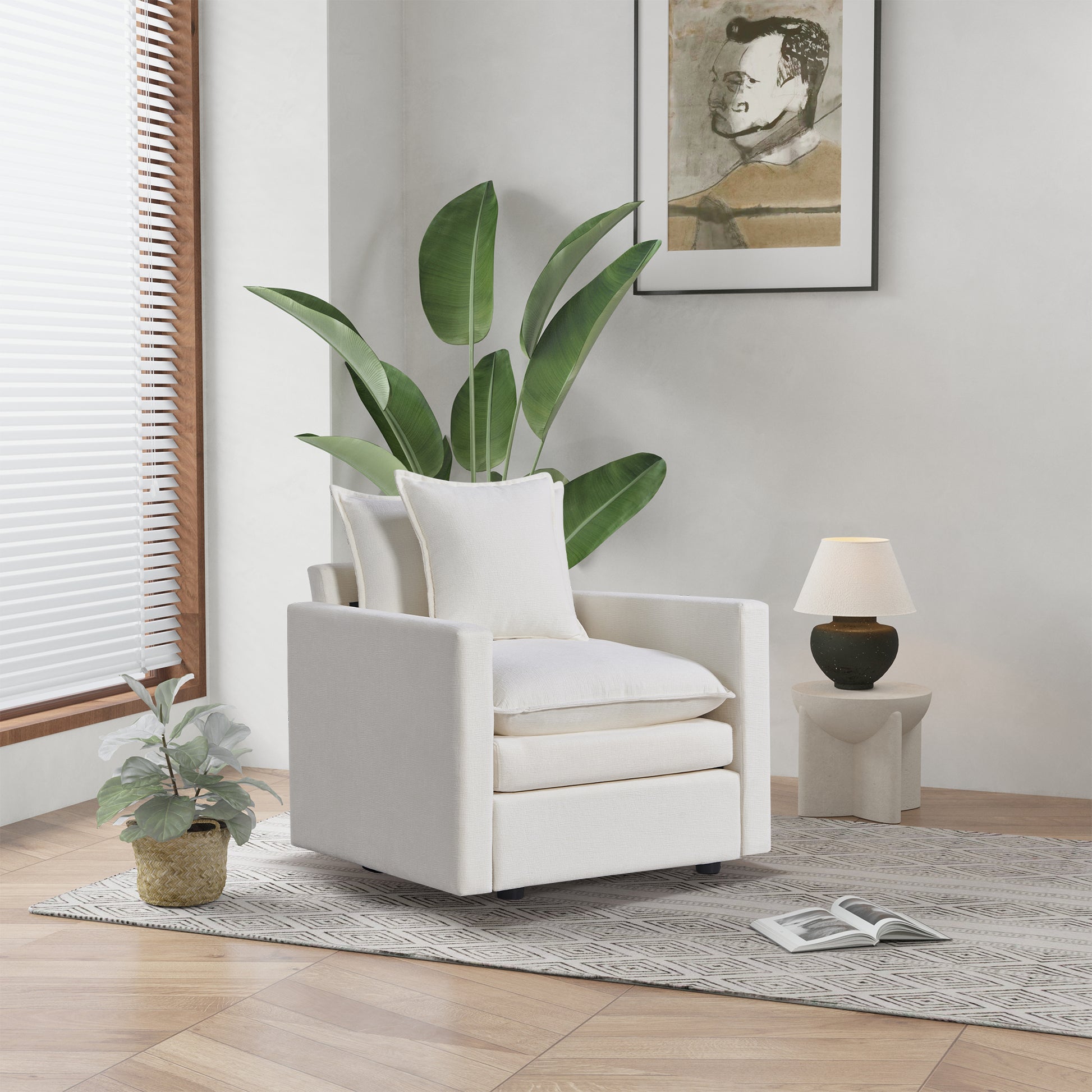 Chenille Fabric Comfy Deep Single Seat Sofa Upholstered Reading Armchair Living Room White Foam Chenille 1 Seat