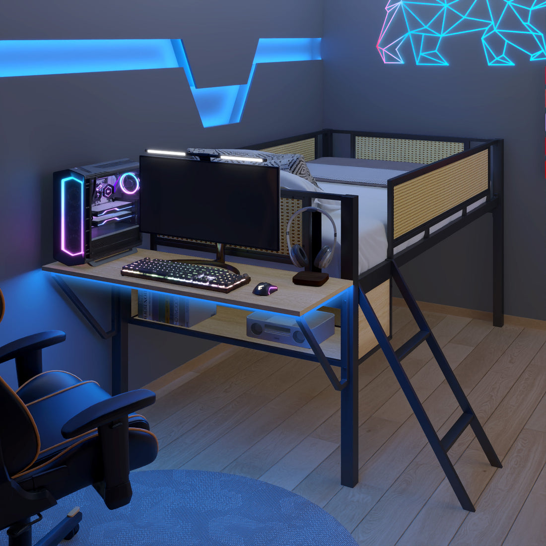 Single Metal Loft Bed With Rectangular Desk, Led Lights, Led Loft Bed Frame Double Bed With Storage Shelves And Hanging Storage Compartments, Safety Guard And Ladder, No Box Springs Required, Rattan G Twin Black Natural Mdf Iron