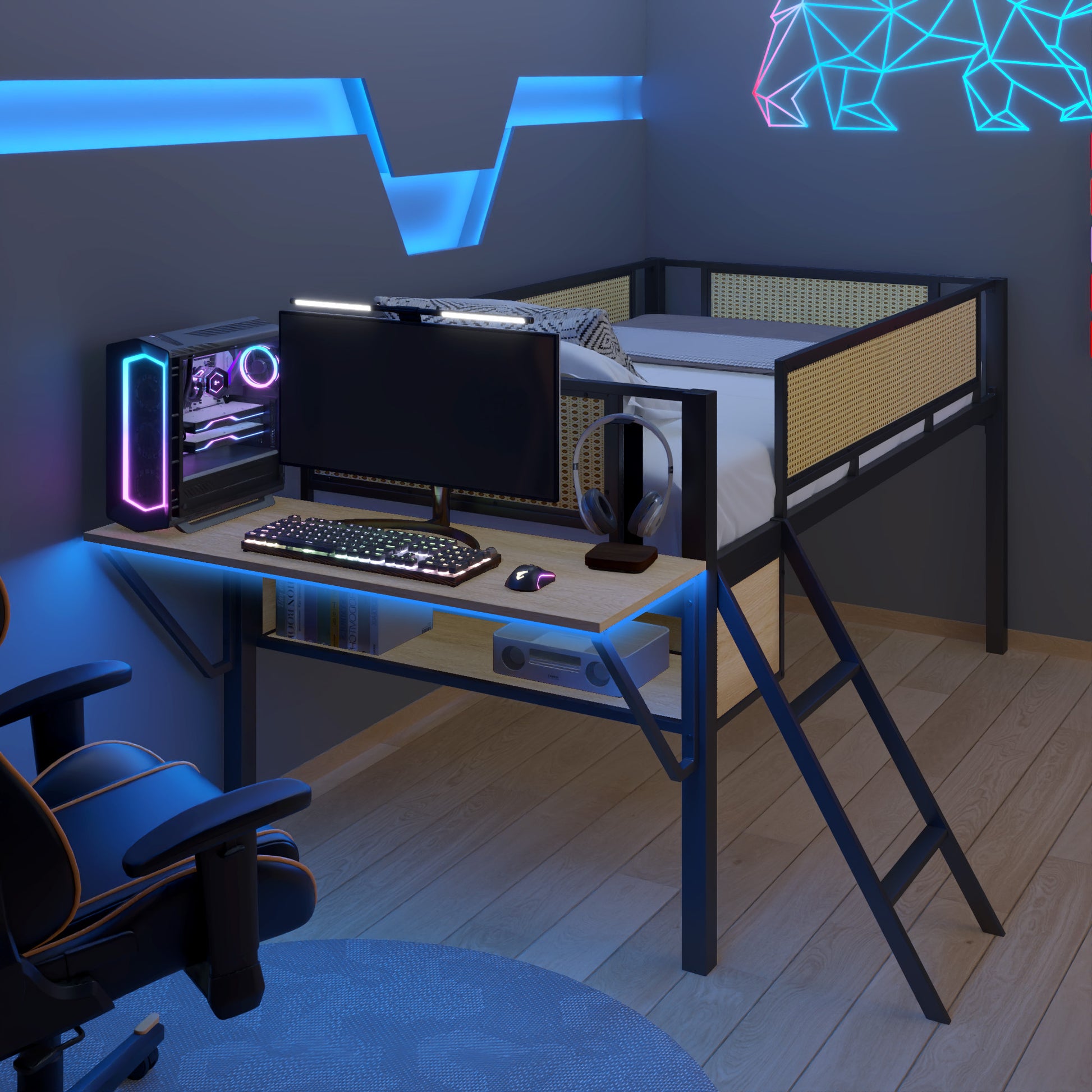 Single Metal Loft Bed With Rectangular Desk, Led Lights, Led Loft Bed Frame Double Bed With Storage Shelves And Hanging Storage Compartments, Safety Guard And Ladder, No Box Springs Required, Rattan G Twin Black Natural Mdf Iron