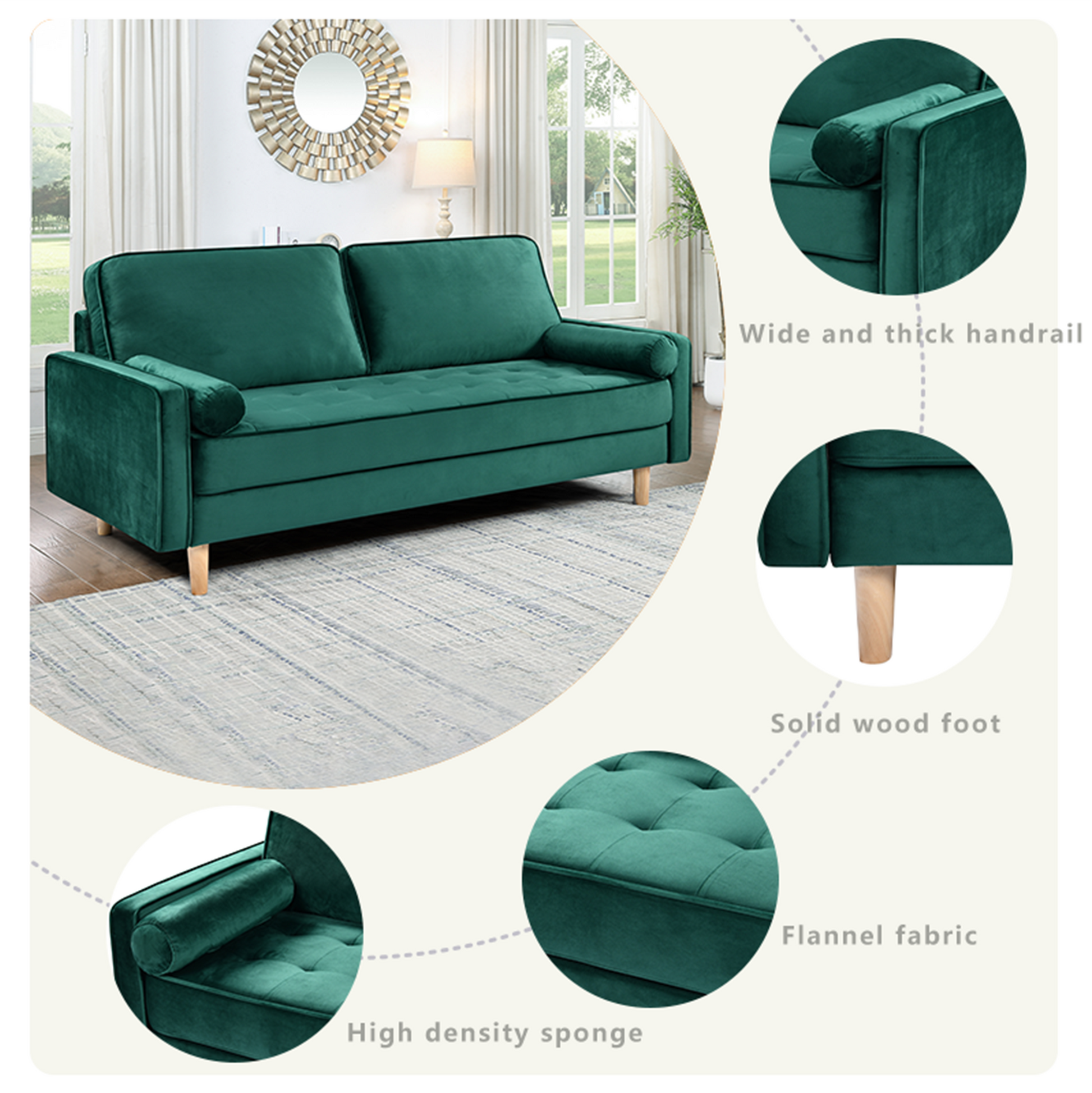 Sofa Simple Small House Double Three Person Straight Row American Retro Green Velvet Furniture Fabric Sofa Small Living Room Bedroom Office Green Velvet Solid Wood 3 Seat
