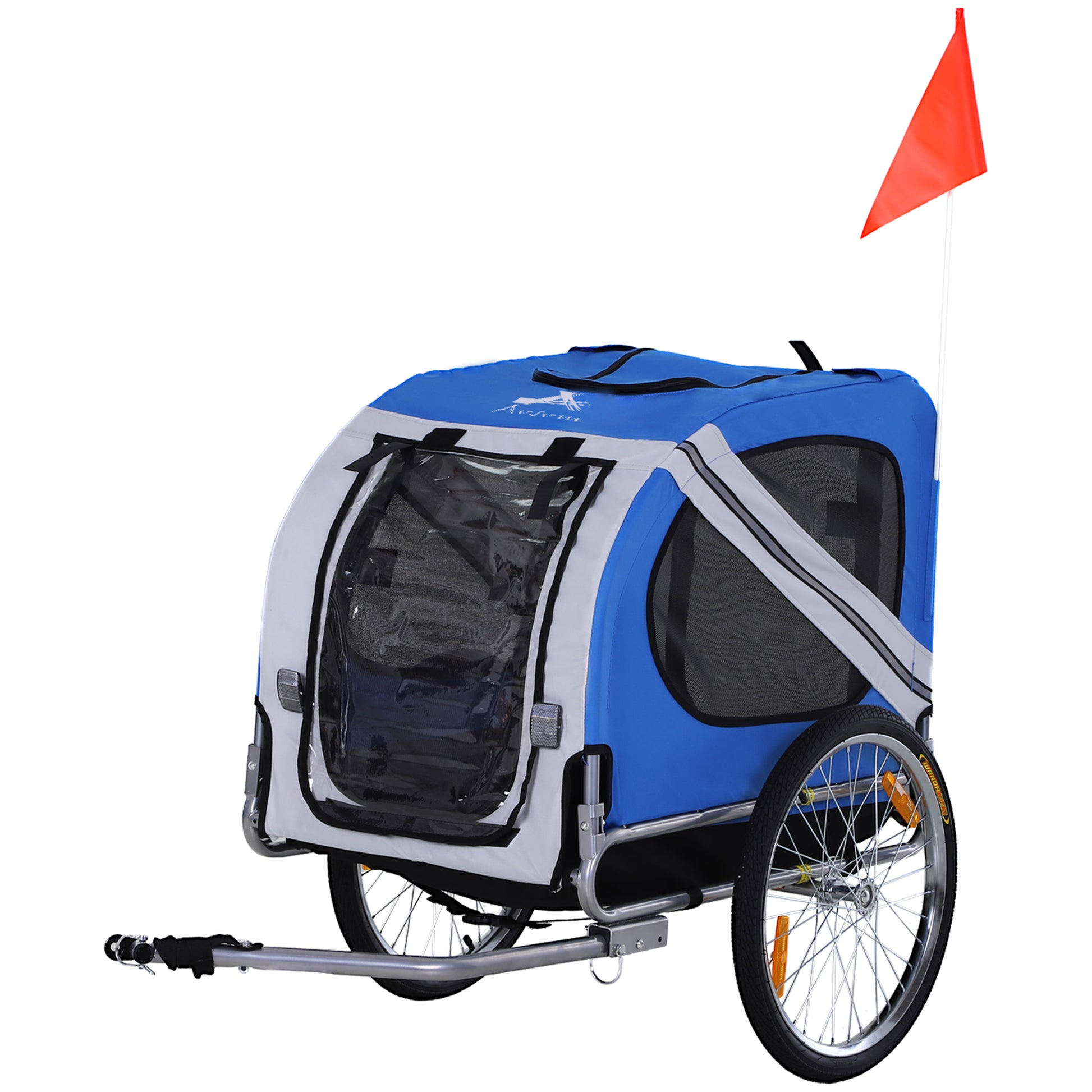 Aosom Dog Bike Trailer Pet Cart Bicycle Wagon Cargo Carrier Attachment For Travel With 3 Entrances Large Wheels For Off Road & Mesh Screen Light Blue White White Steel