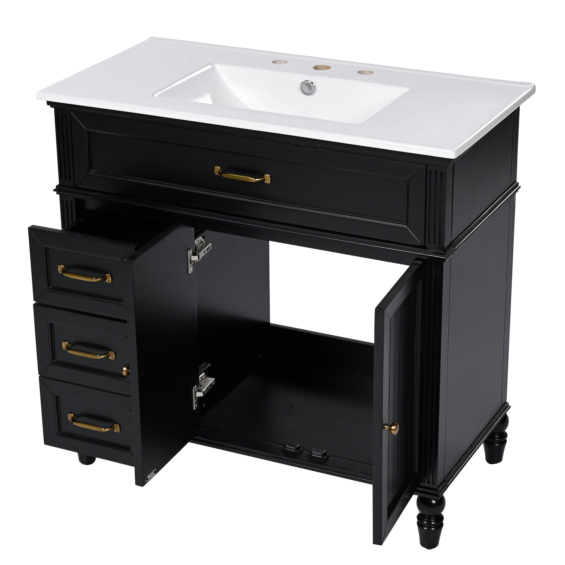 36" Bathroom Vanity With Sink, Black Bathroom Cabinet With Drawers, Solid Frame And Mdf Board, One Package Black Solid Wood Mdf