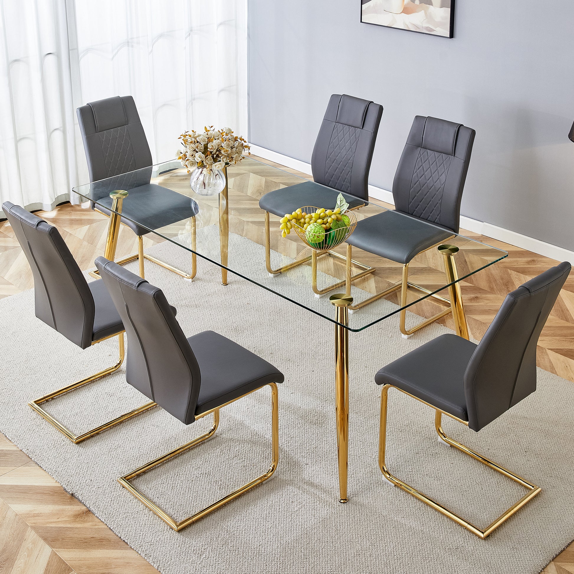 Table And Chair Set.Modern Rectangular Glass Dining Table With A Tempered Glass Tabletop And Metal Legs, Paired With Multiple Chairs Designed With Pu Cushions And Golden Metal Legs. Grey Gold Seats 6 Tempered Glass