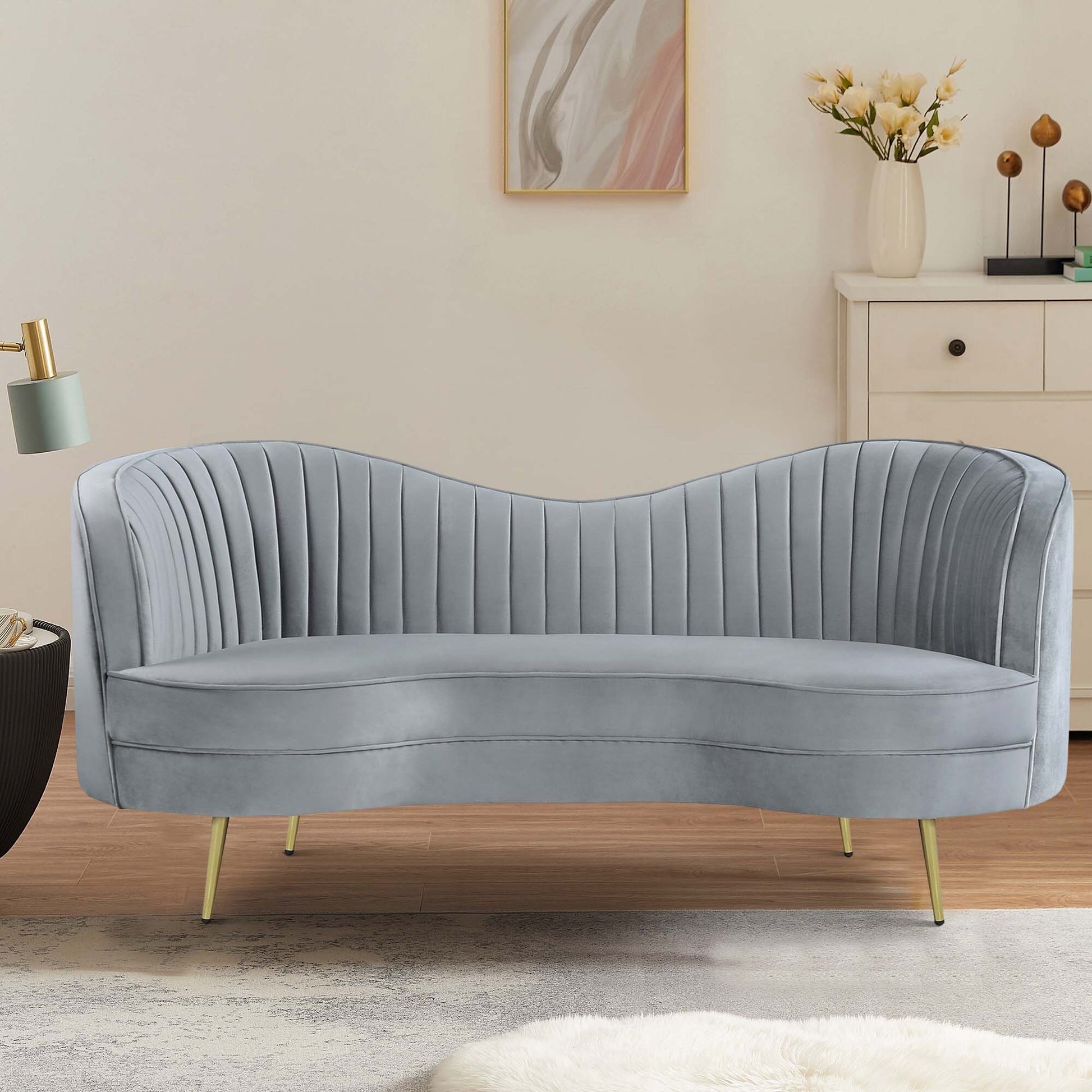 Enzo 74 Inch Modern Loveseat, Channel Tufted Kidney Shape, Gray And Gold Gray Wood 3 Seat