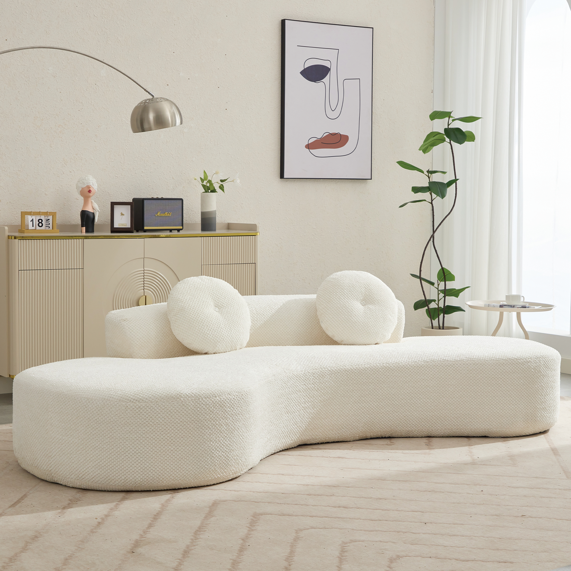 Arrived 105.5''Curved Sofa, Modern Minimalist Sofa, Cloud Couch Sofa 3 4 Seater Couch With 2 Pillows,Bedroom, No Assembly Required, Point Shaped Corduroy, Anti Wrinkle Beige Beige Polyester Primary Living Space Tight Back Soft Modern Foam Upholstered 3