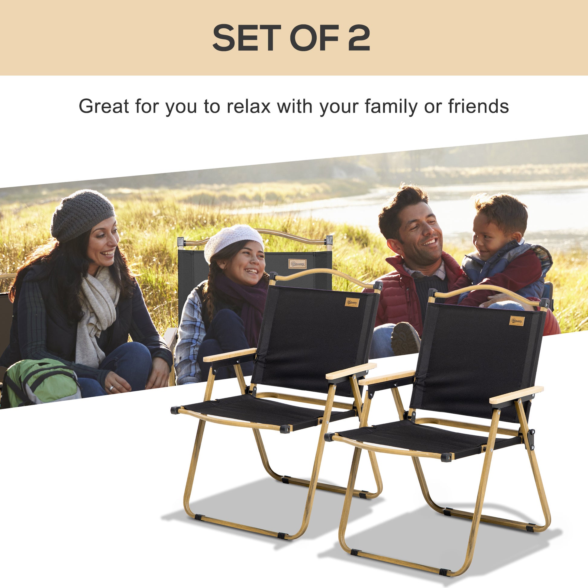 Outsunny 2 Pack Folding Camping Chair, Lightweight & Portable Beach Chairs Armchairs, Perfect For Festivals, Fishing, Picnic And Hiking, Black Black Metal