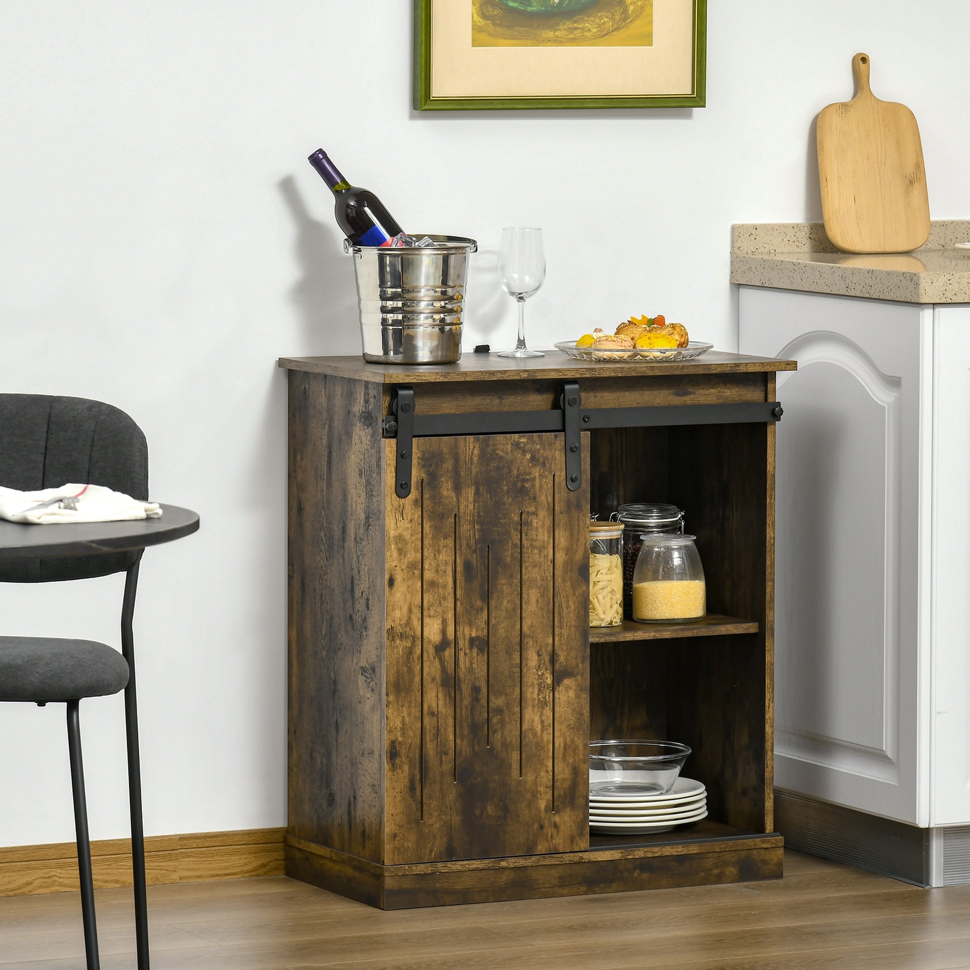 Homcom Industrial Wine Cabinet, Sideboard Storage Cabinet, Serving Bar Buffet With Sliding Barn Door And 6 Bottle Wine Rack, Brown Brown Mdf Steel