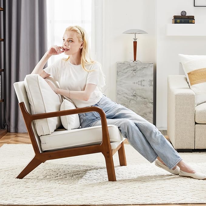 Accent Chair Mid Century Modern Chair With Pillow, Upholstered Lounge Arm Chairs, Linen Fabric Comfy Reading Chair With Wood Frame, Side Chair For Living Room, Beige Beige Linen
