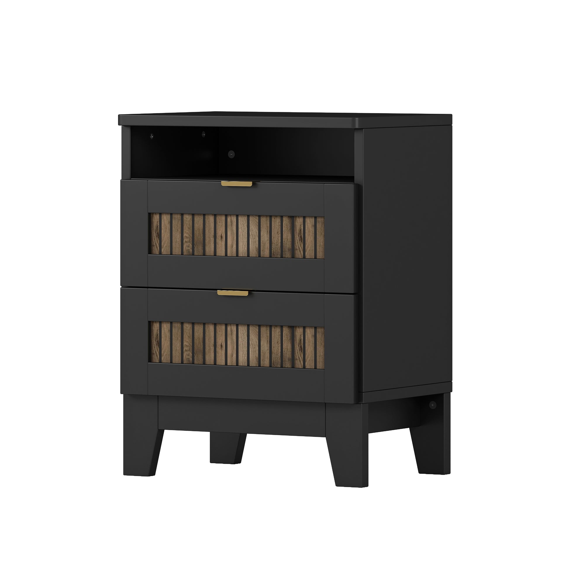 4 Pieces Bedroom Sets, Queen Size Farmhouse Platform Bed With Wooden Strip Decoration, Storage Nightstand And Dresser With Metal Handle, Black Queen Black 4 Piece Set Particle Board