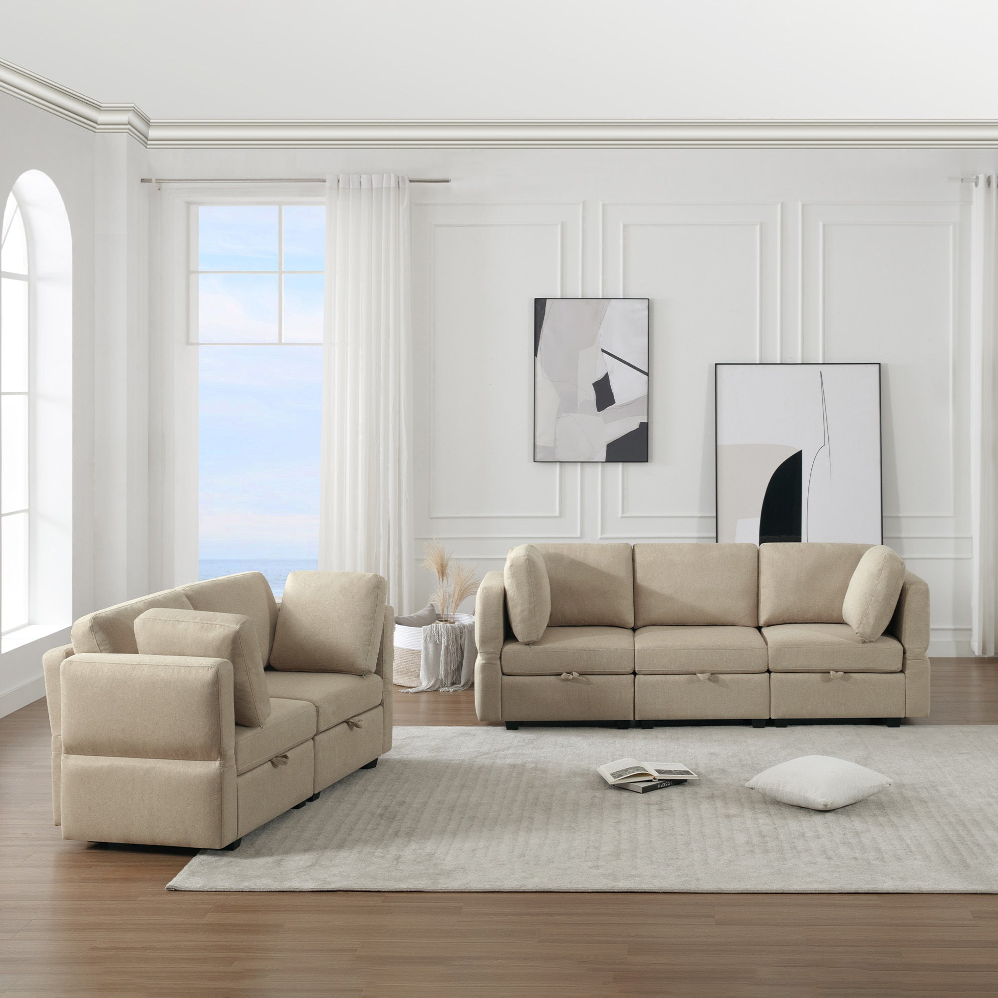 Living Room Sofa Set With 3 Seat Couch And 2 Seat Loveseat, Hidden Storage Under Seat, Soft Back Cushions And Arm Cushionsadjustable Arms And Backs Beige Beige Polyester 5 Seat