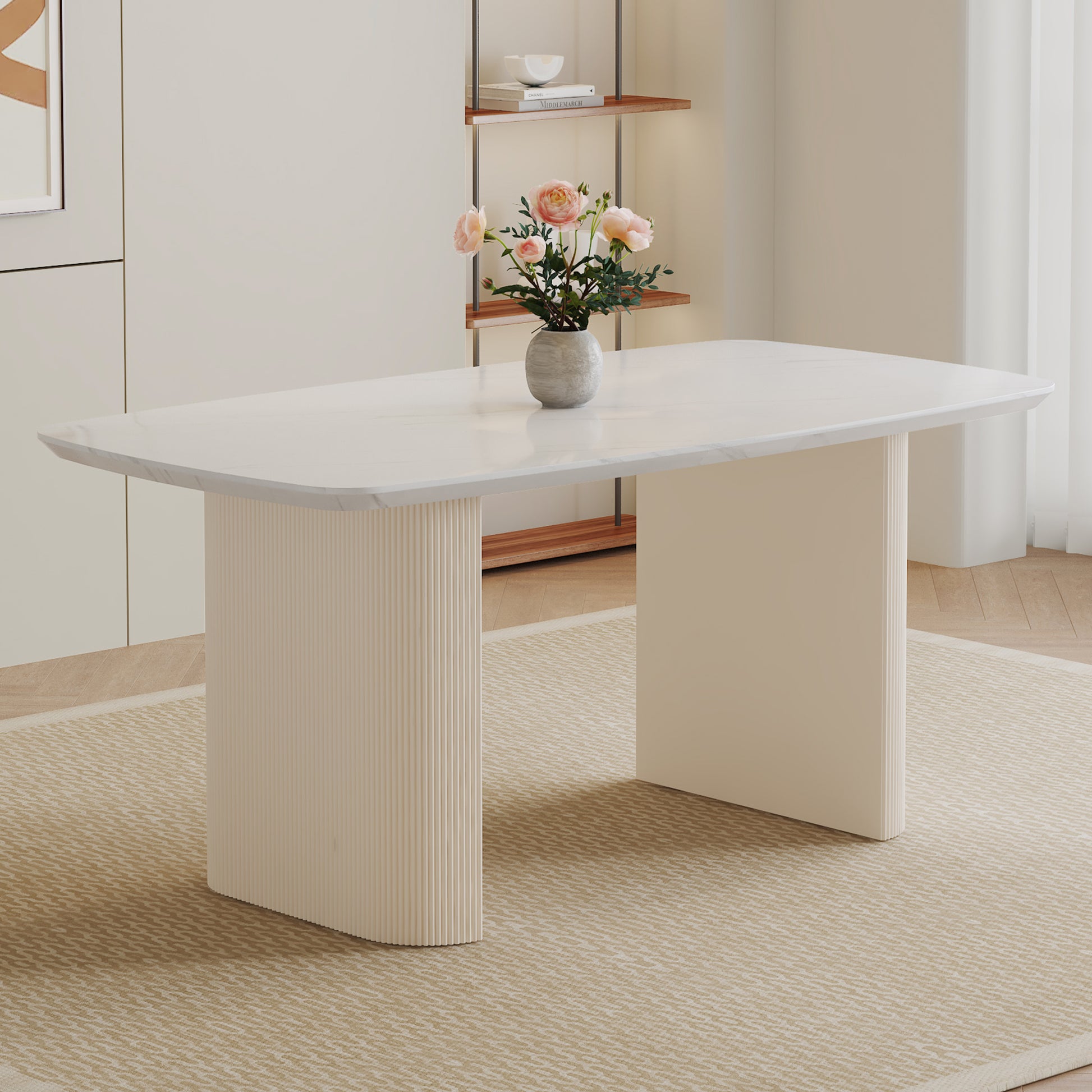 Cream Style Mdf White Dining Table.It Is A Furniture With A Warm And Soft Appearance, Suitable For Creating A Comfortable And Friendly Dining Environment, Suitable For Kitchens, Dining Rooms,Etc. White Mdf