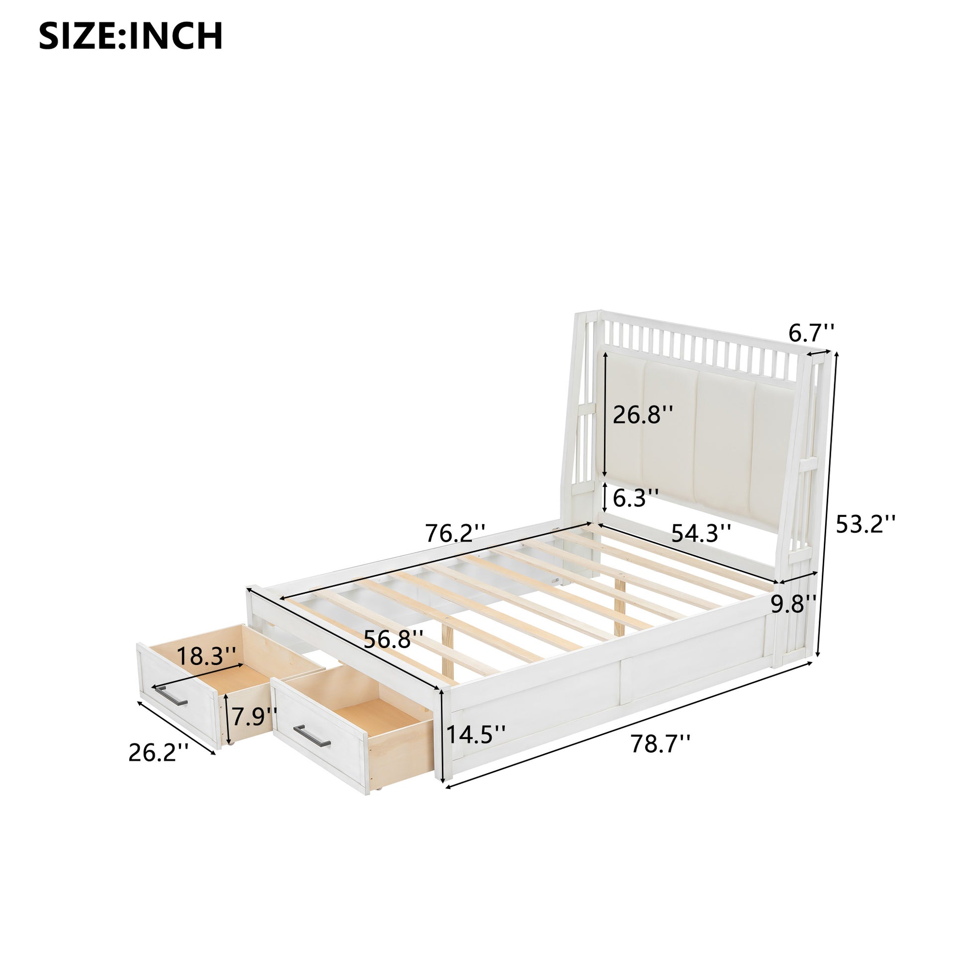 Full Size Wood Platform Bed With Upholstered Headboard And 2 Drawers, White Box Spring Not Required Full White Wood Bed Frame Solid Wood Mdf
