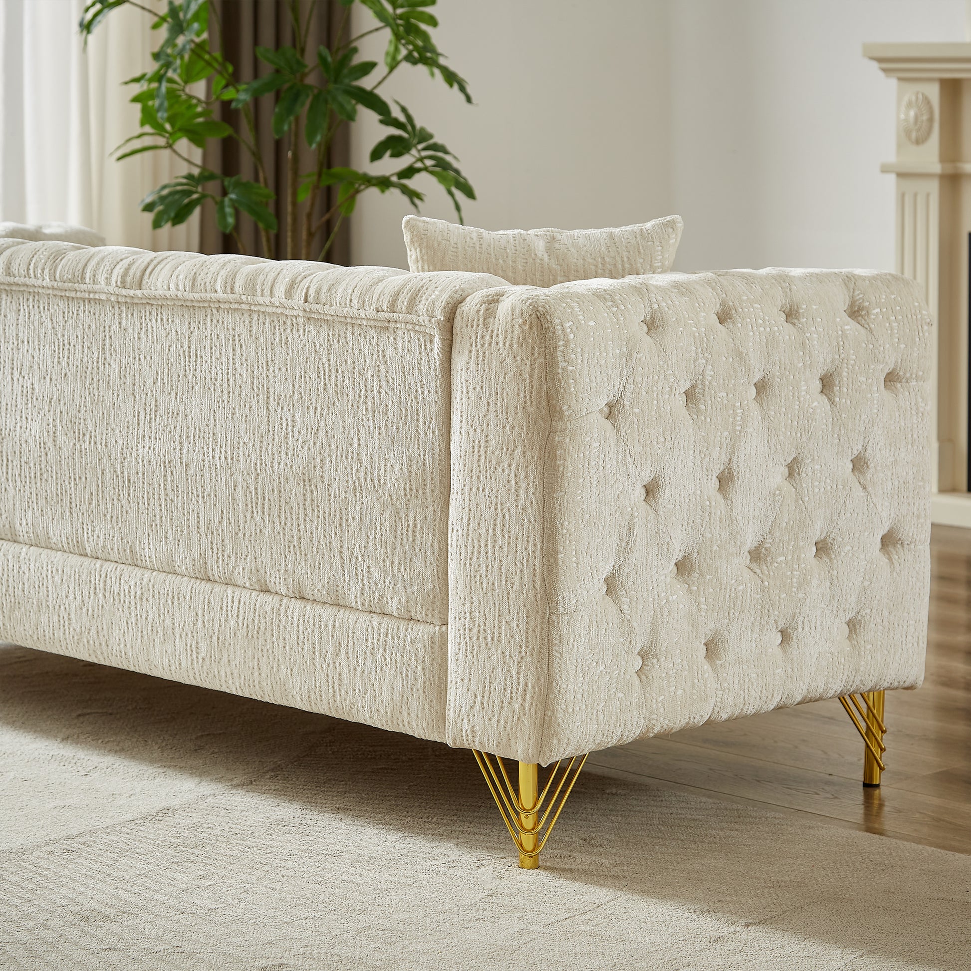 82 Inch Chenille Pull Buckle Design Sofa For Living Room,Buttons Tufted With Copper Nail Decoration Armrest, Modern Couch Upholstered Button And Metal Legs Beige Foam Chenille 3 Seat