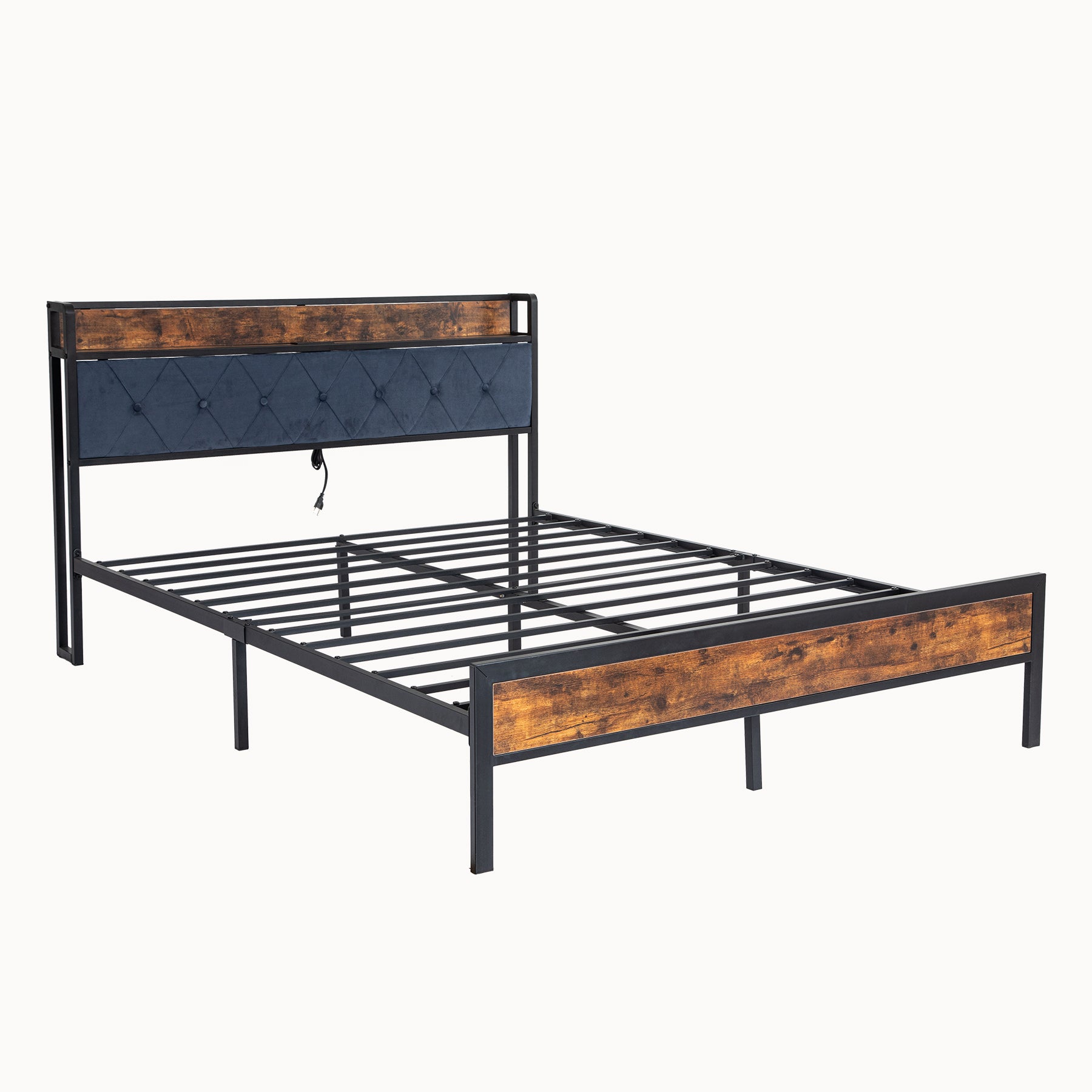 Black Queen Metal Bed Frame With Upholstered Headboard And Footboard And Iron Slats, Rustic Bed Base, Heavy Duty Platform Bed Frame,12 Inch Underbed Storage No Springs Required Box Spring Required Queen Black Dark Walnut Metal Brown Bedroom