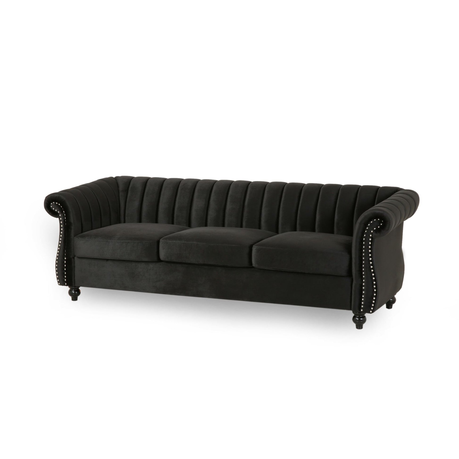 84 Inch Black 3 Seater Velvet Sofa Button Tufted With Trim, Curved Backrest, And Rolled Arms, Stylish And Elegant Couch For Modern Living Rooms, Durable Upholstery, Luxury Design Black Velvet Wood Primary Living Space Medium Firm Loose Back Medium Duty