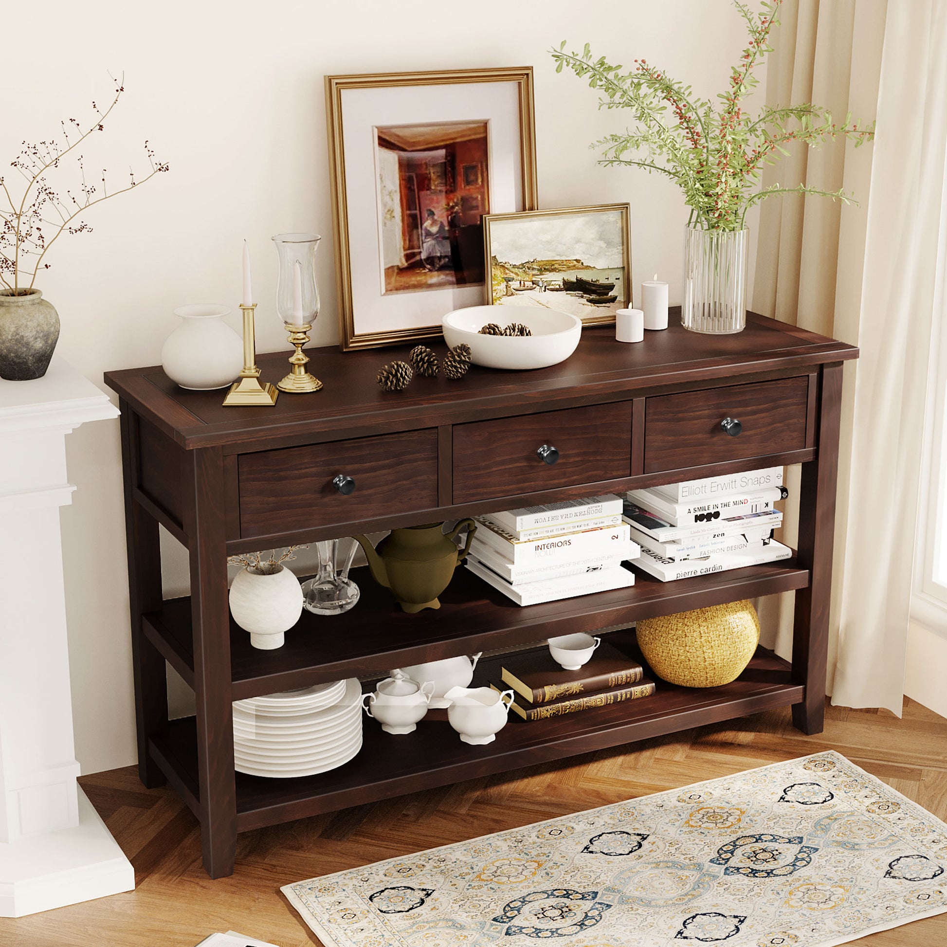 Retro Design Console Table With Two Open Shelves, Pine Solid Wood Frame And Legs For Living Room Espresso Espresso Solid Wood Mdf
