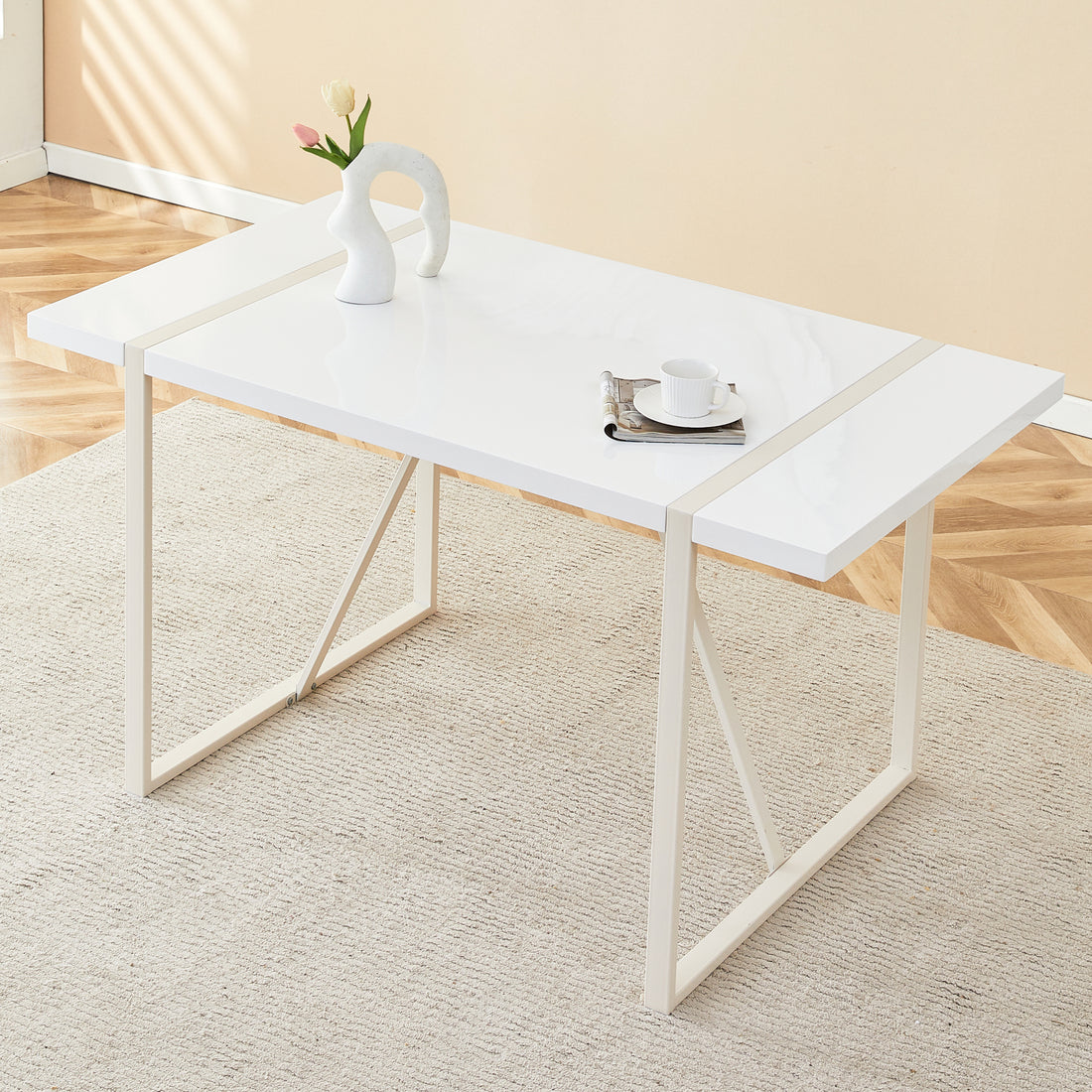 Industrial Rectangular Mdf Cream Style Dining Table For 4 6 People With 1.5 Inch Thick Mdf Top And White Metal Legs Frame For Work Desk, Kitchen, Terrace, Dining Room White Mdf Metal
