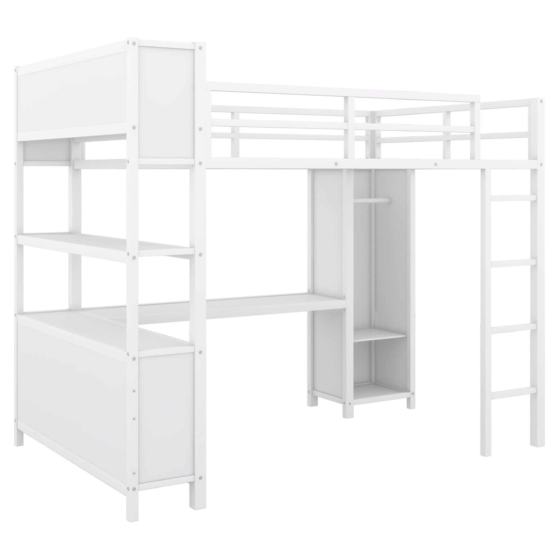 Metal Loft Bed With Wardrobe And L Shaped Desk, Full Size Loft Bed With Storage Cubes And Shelves, Heavy Duty Loft Bed For Kids Teens Adults, White Pre Sale Date: August 10Th Full Off White Metal