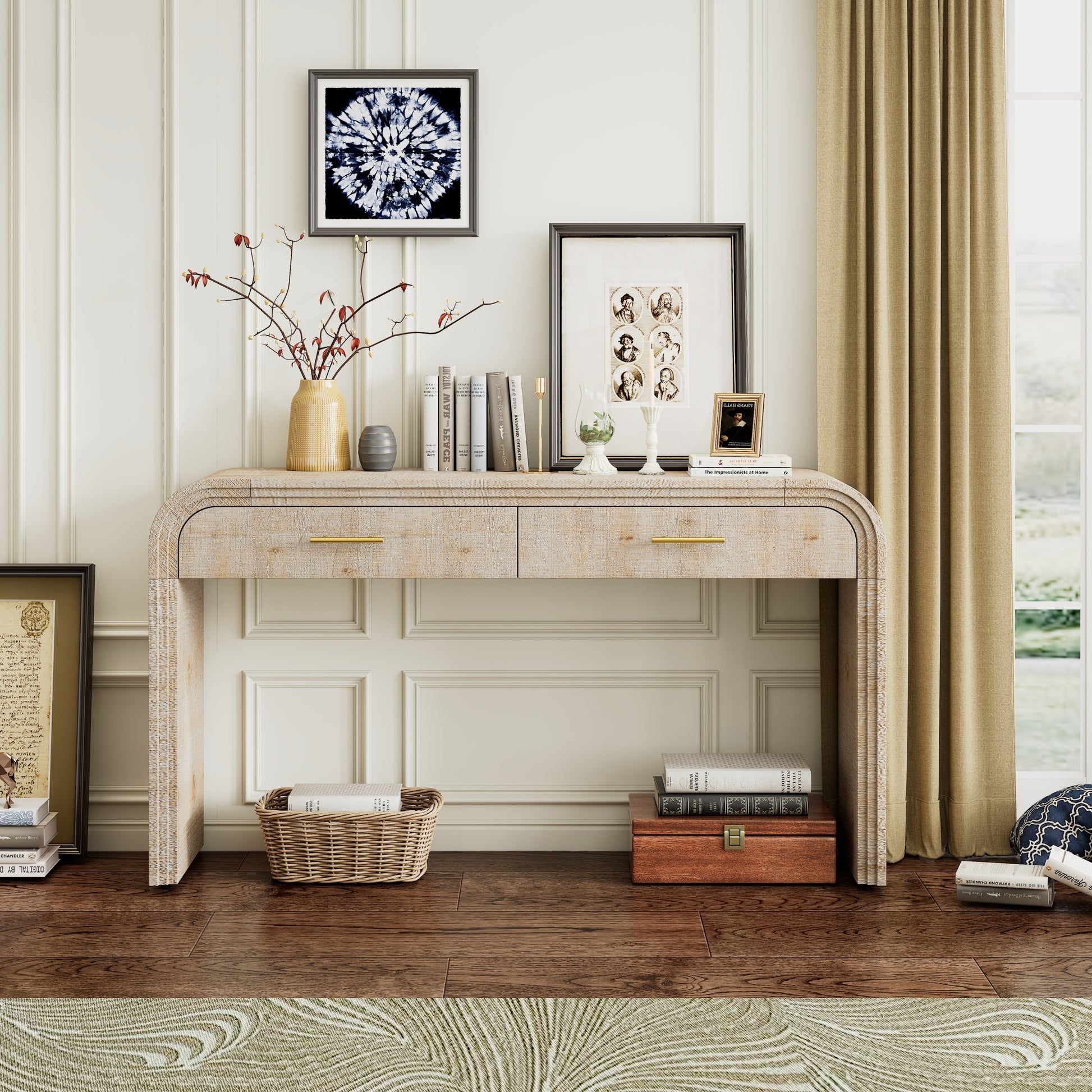 Unique Retro Console Table With Open Style, Two Top Drawers For Entrance, Dinning Room, Living Room Natural Wood Wash Natural Wood Wash Mdf