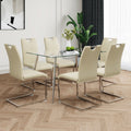 Modern Simple Rectangular Glass Dining Table, Solid Tempered Glass Tabletop, Electroplated Table Legs, Light Yellow Pu Dining Chair Set, Suitable For Restaurant Kitchen Use Set Of 7 Upholstered Chair Glass Light Yellow Seats 6 Metal Rectangular Dining
