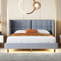 Queen Size Upholstered Platform Bed With Led Lights And U Shaped Headboard, Linen Fabric, Gray Queen Gray Wood Metal