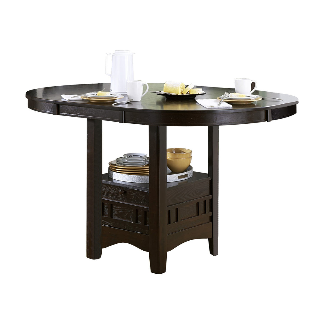 Oval Wooden Counter Height Table With Extension Leaf And Open Shelf, Brown Brown Wood