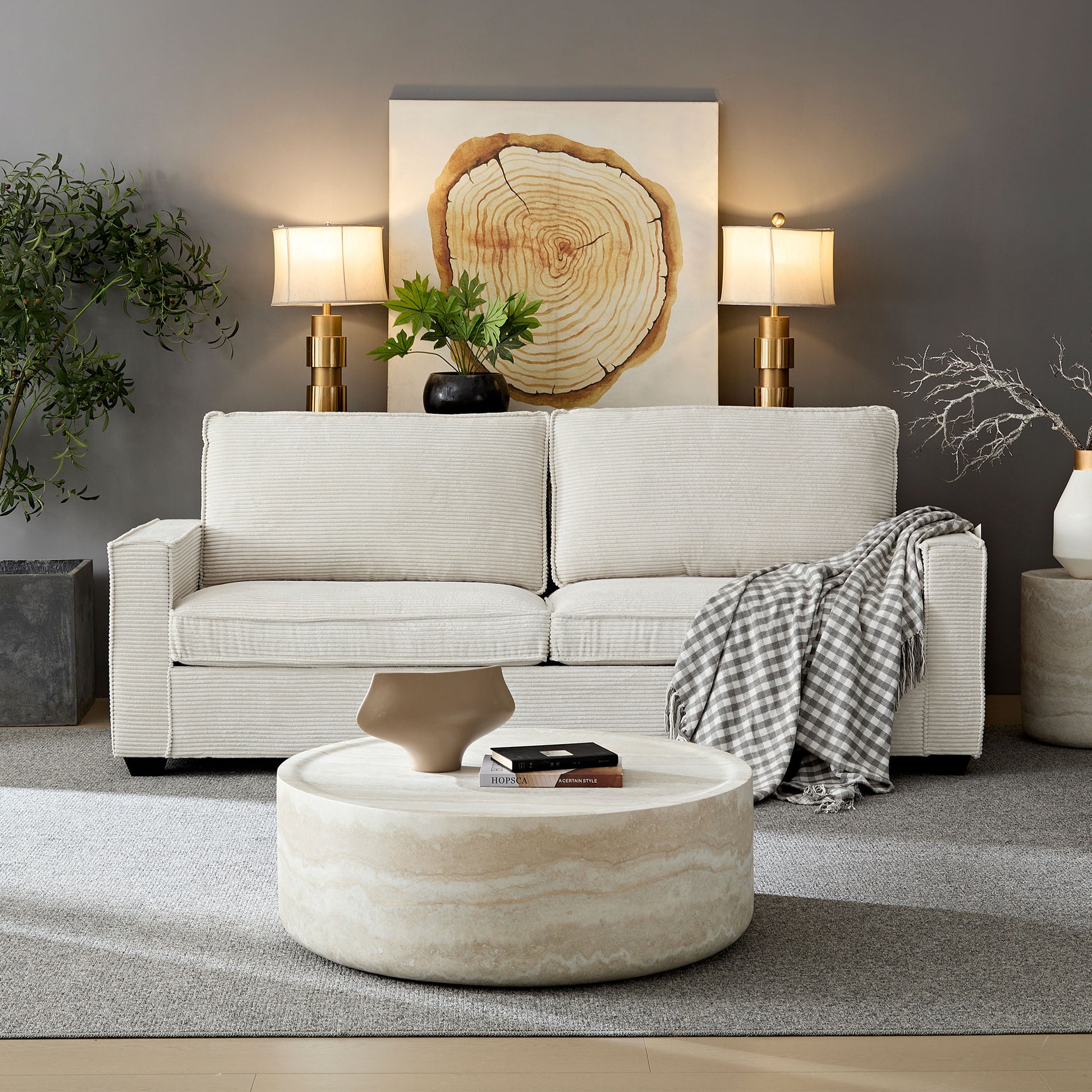 Corduroy Sofa, 87.4 Inch Modern Design Sofa With Cup Holder And Storage Bags, Deep Seat Sofa Couch,Comfy Couch For Living Room,Apartment,Office,Beige Beige Corduroy 3 Seat