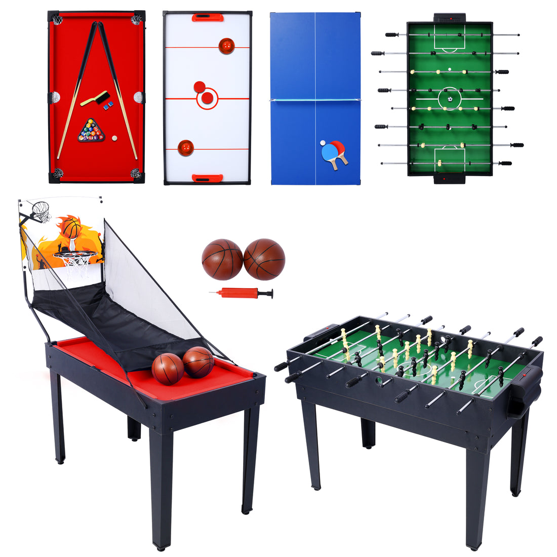 5 In 1 Multi Game Table Billiards, Push Hockey, Foosball, Ping Pong, And Basketball Black Red Black Mdf Steel
