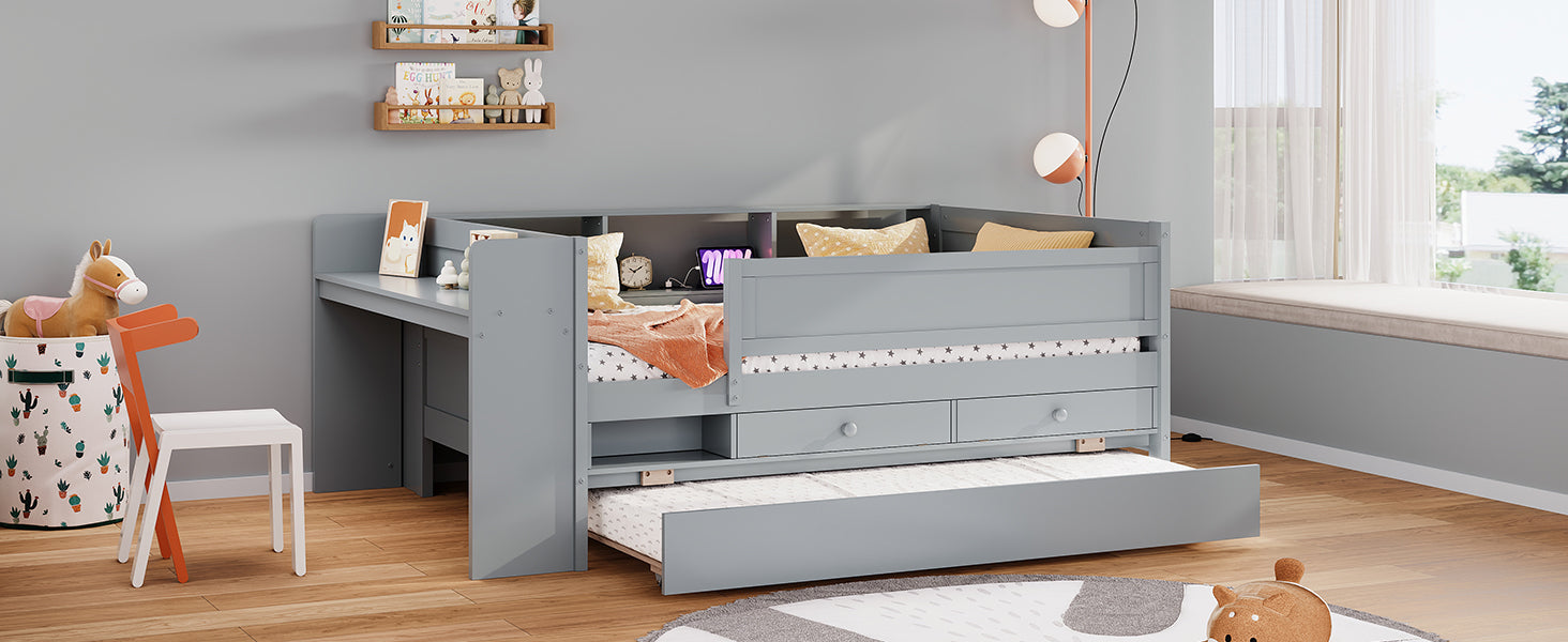 Multi Functional Twin Daybed With Drawers And Trundle, Headboard Storage And Tables, Usb Charging Station, Gray Box Spring Not Required Twin Gray Wood Daybeds Pine