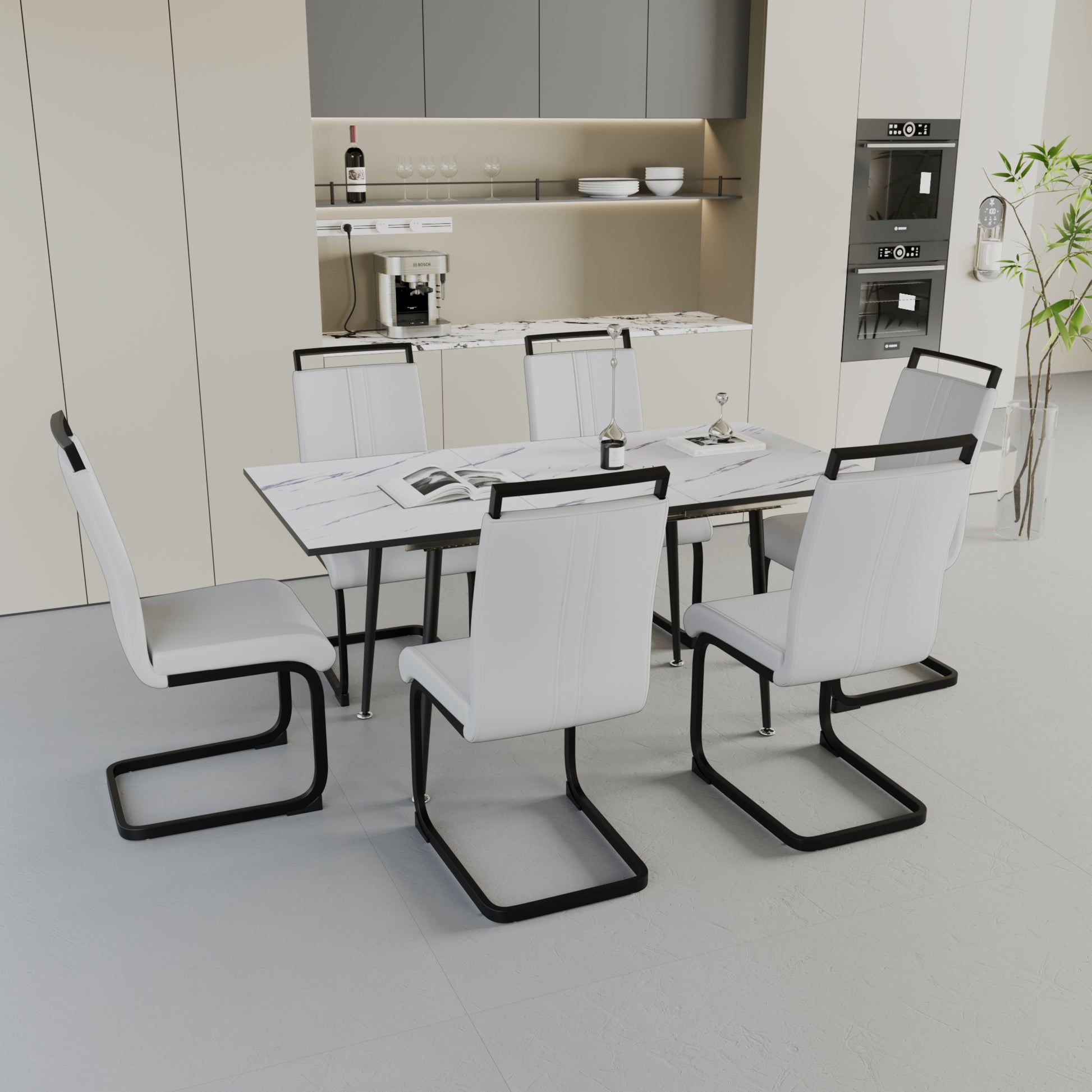 An Expandable Dining Table Set For 2 6 People, Equipped With A C Shaped Tubular Cushioned Armless Dining Chair And An Elegant And Spacious Dining Table Kitchen Table And Chair Set, With Metal Legs White Mdf