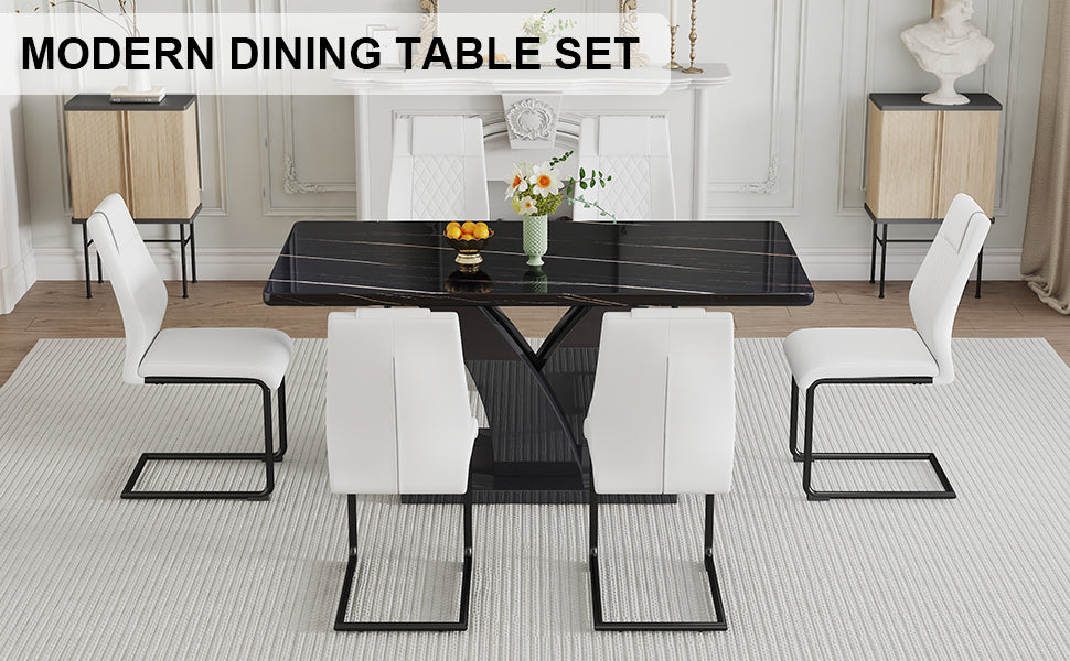 Table And Chair Set, Modern Dining Table, Black Tabletop And Black Mdf Leg Table, Soft And Comfortable Dining Chair, Perfect For Dinner, Meetings, Home And Office Decor White Black Mdf
