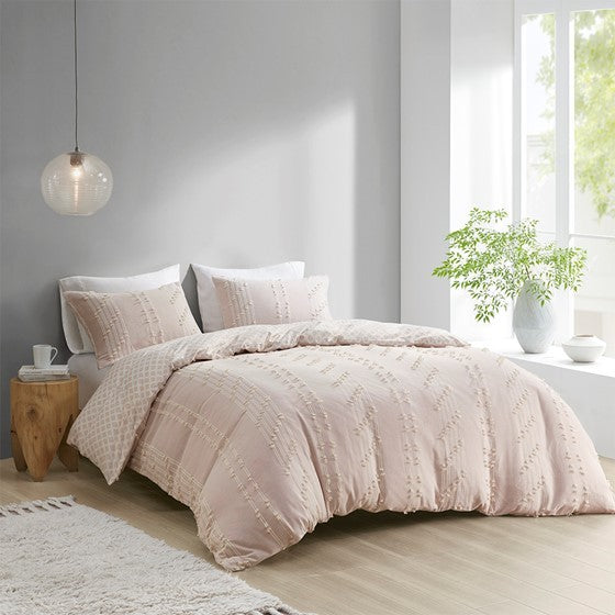3 Piece Cotton Jacquard Duvet Cover Set Queen Pink Cotton