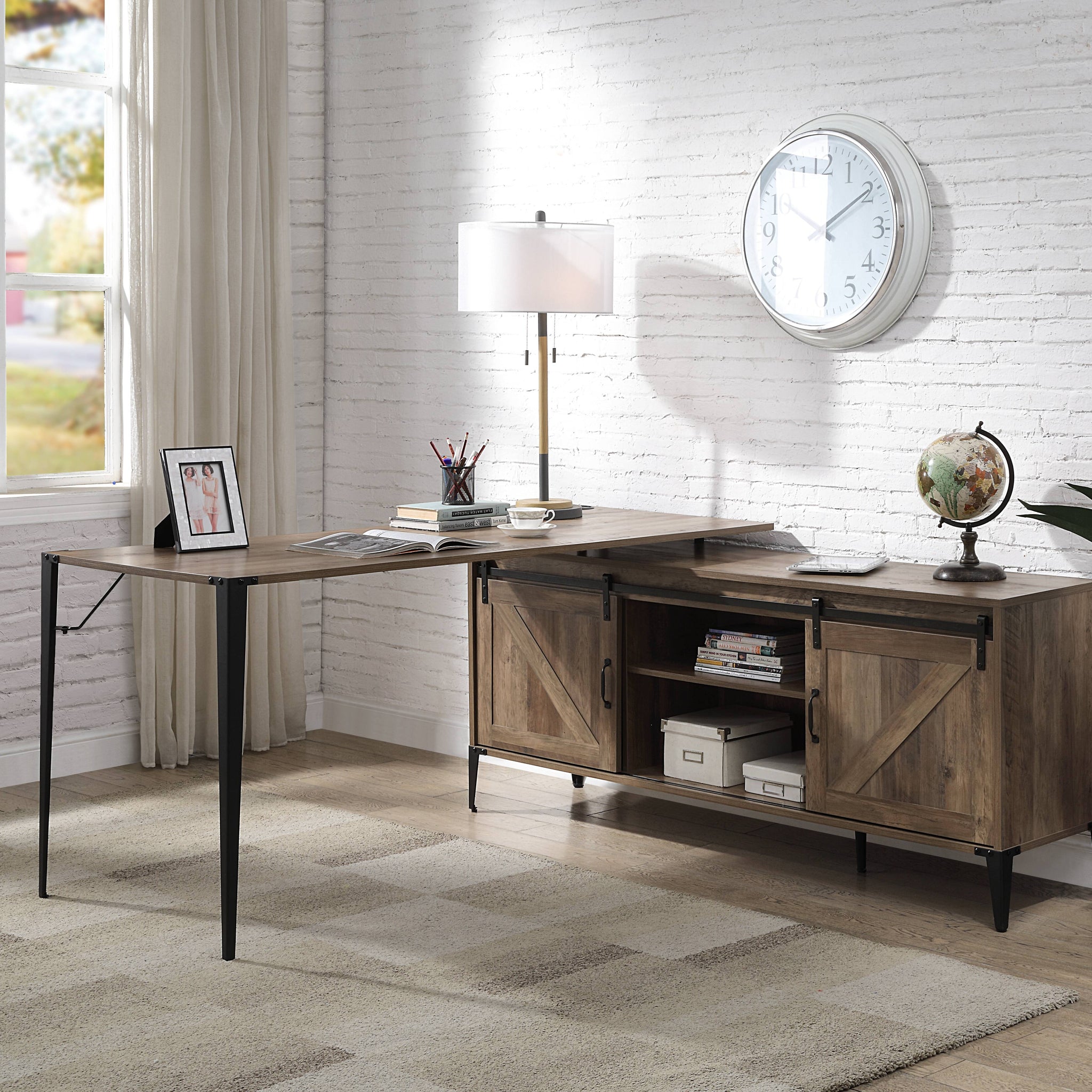 Zakwani Rustic Oak & Black Finish Writing Desk Black,Oak Metal,Synthetic Wood
