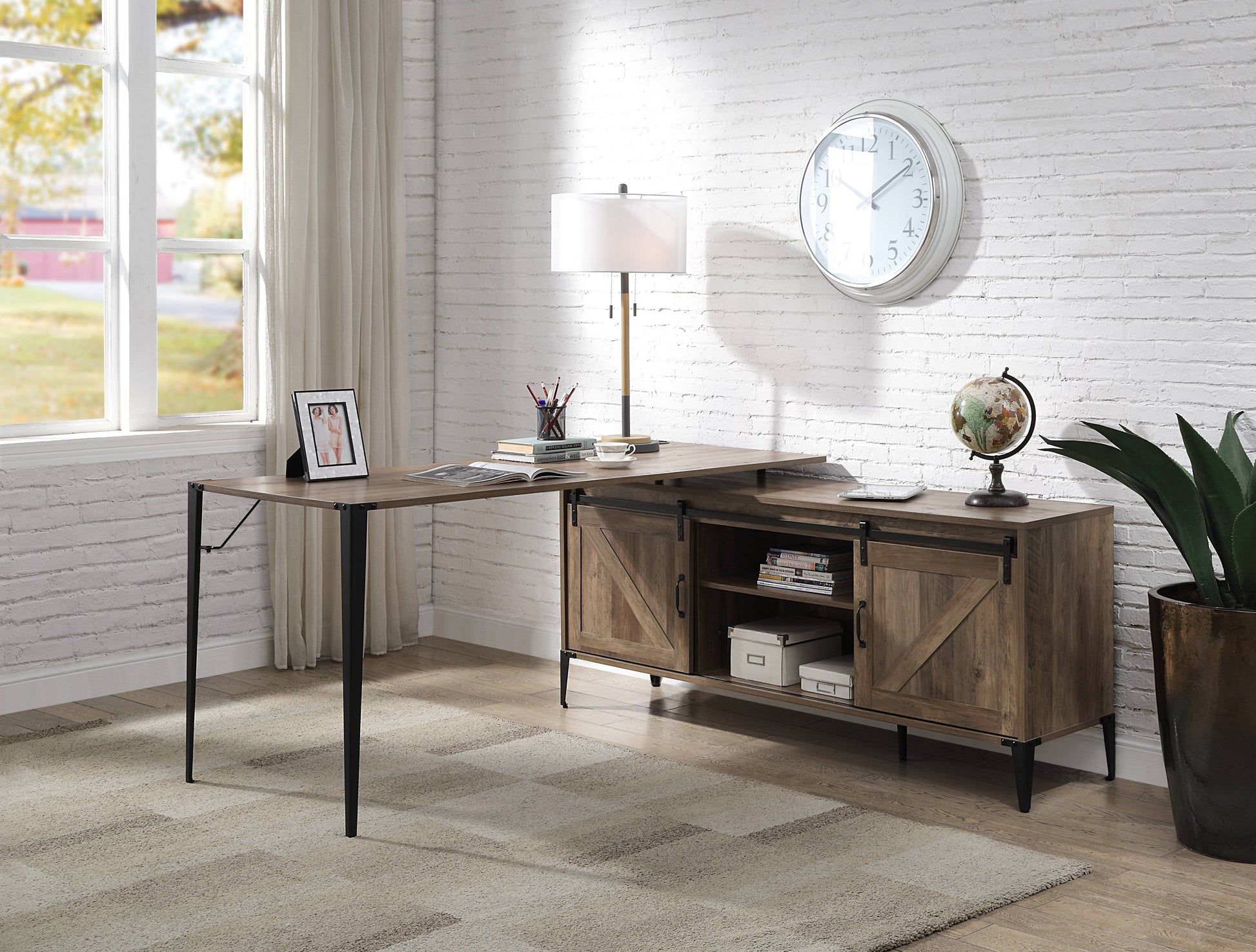 Zakwani Rustic Oak & Black Finish Writing Desk Black,Oak Metal,Synthetic Wood