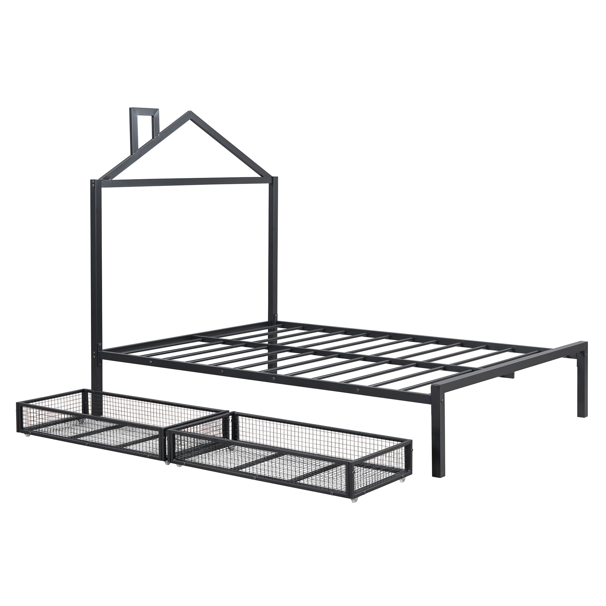 Full Size Metal Platform Bed With Two Drawers,House Shaped Headboard Design, Black Full Black Metal