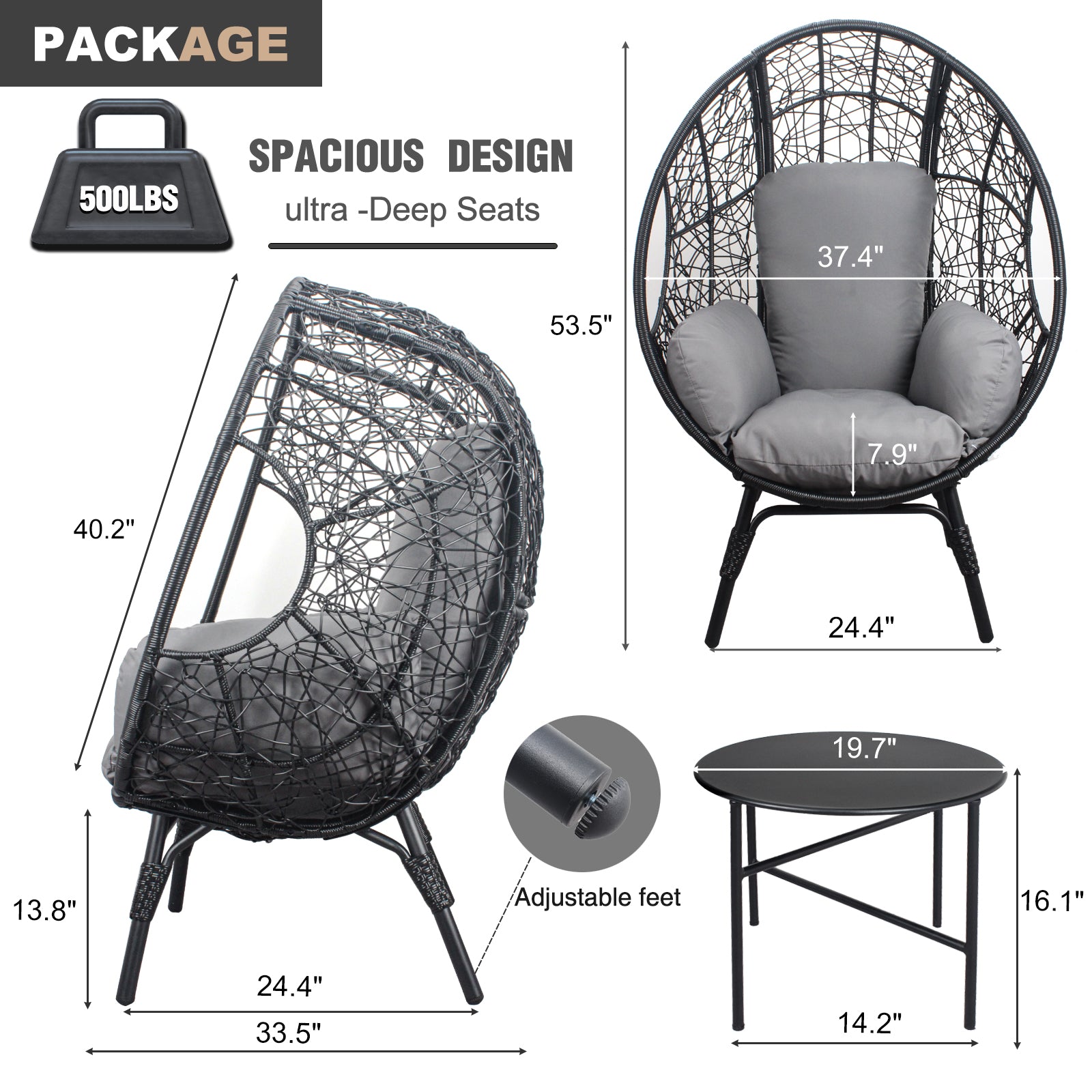 Patio Pe Wicker Egg Chair Model 3 With Black Color Rattan Grey Cushion And Side Table Yes Black Foam Steel
