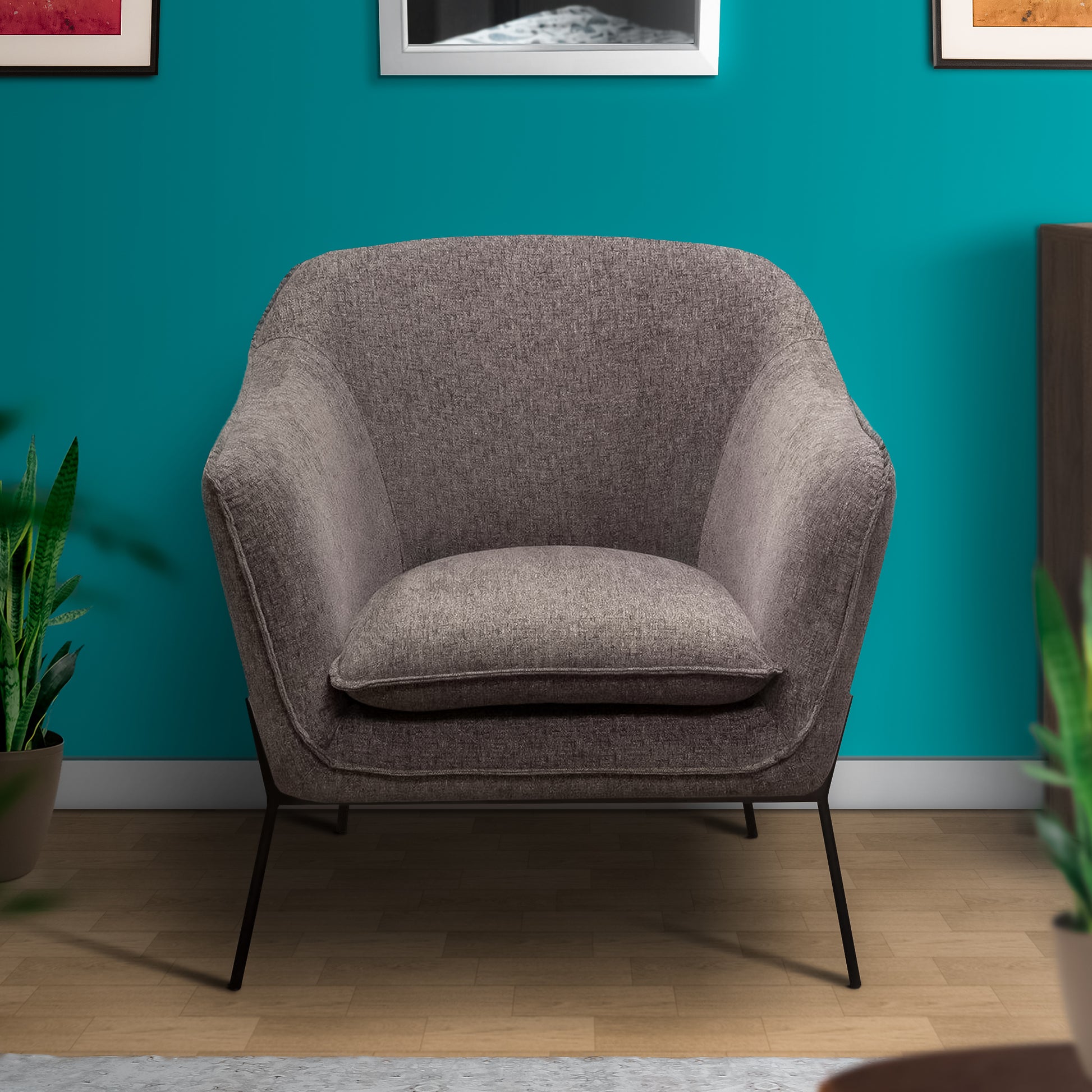 Polyester Upholstered Accent Chair With Splayed Metal Legs And Slope Armrests, Gray Grey Black Fabric Metal