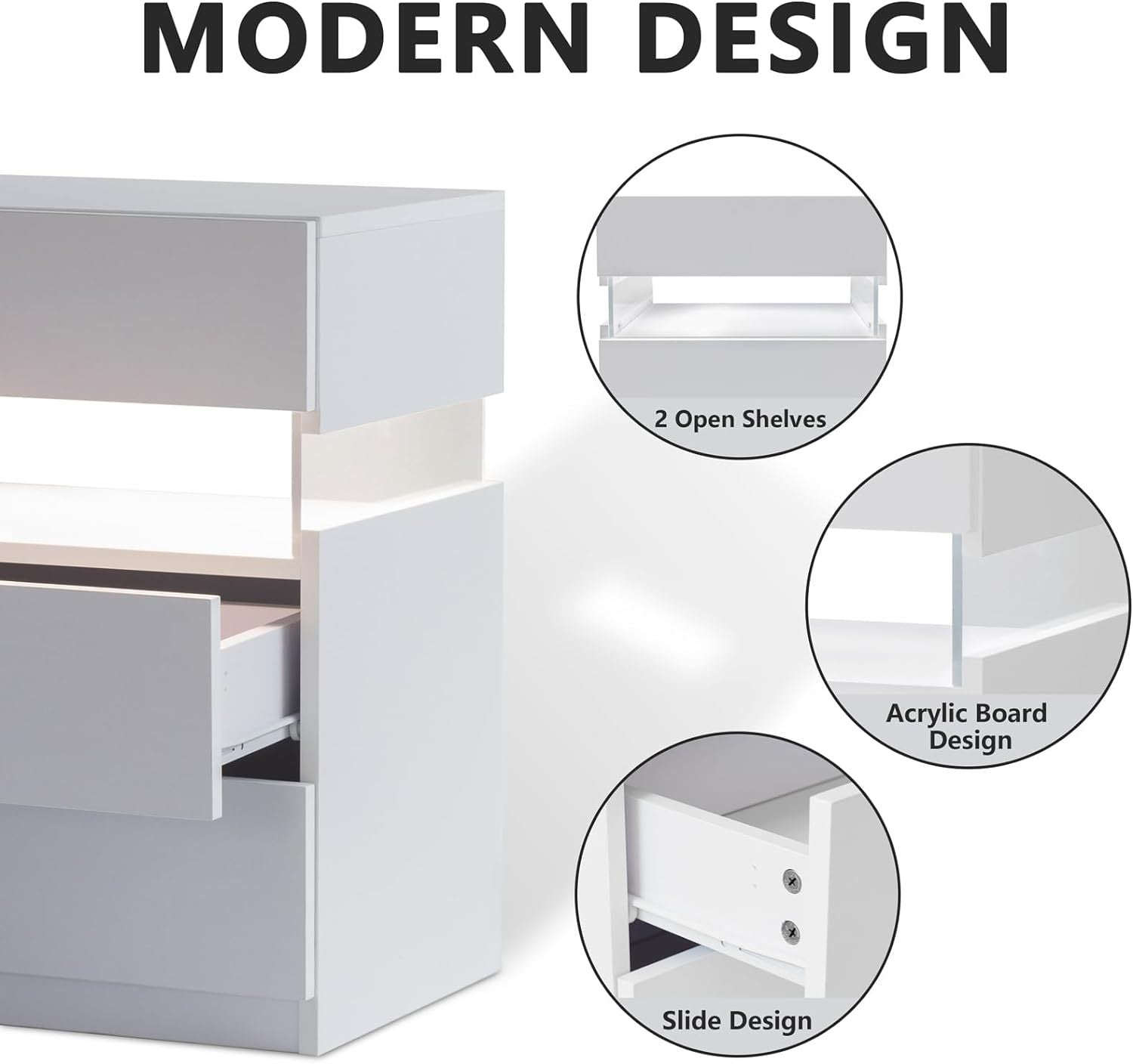 Led Nightstands 3 Drawer Dresser For Bedroom End Table With Acrylic Board Led Bedside Tables For Bedroom Living Room Bedside Furniture White White 3 Drawers Bedroom American Design,American Traditional,Boho,Classic Storage Engineered Wood