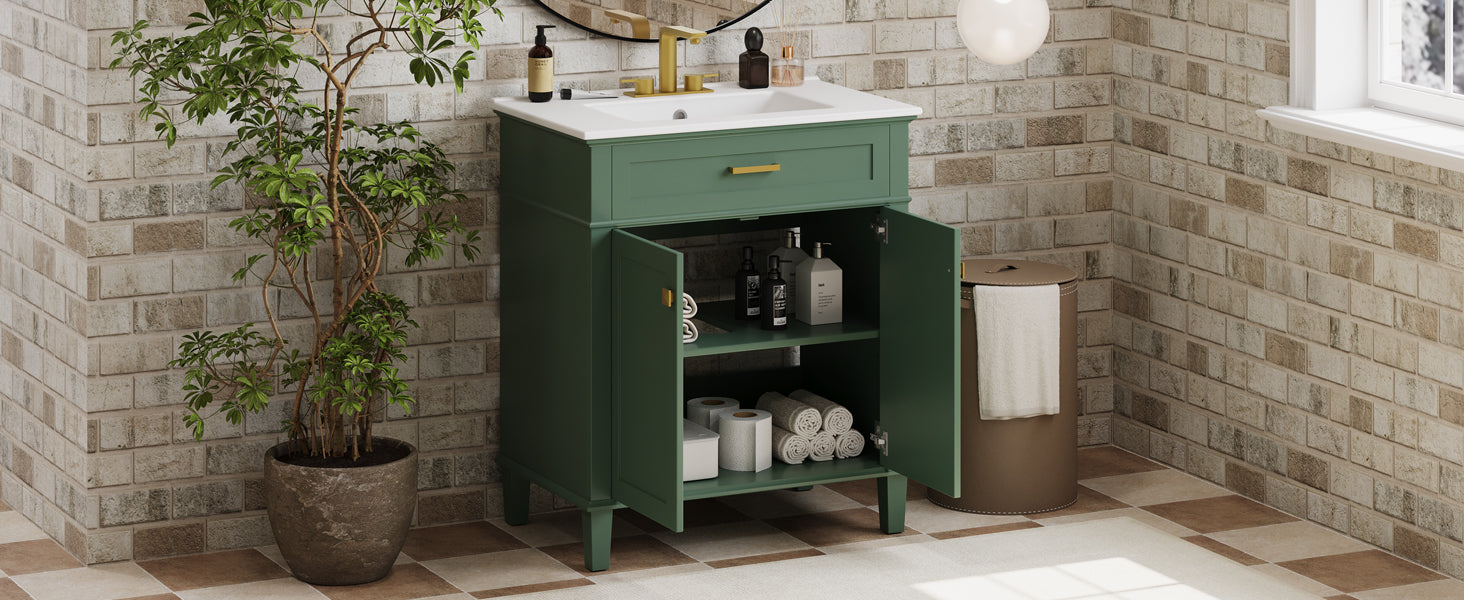 30 Inch Bathroom Vanity With Ceramic Basin, Soft Close Door And Adjustable Shelves Green Bathroom Solid Wood Mdf