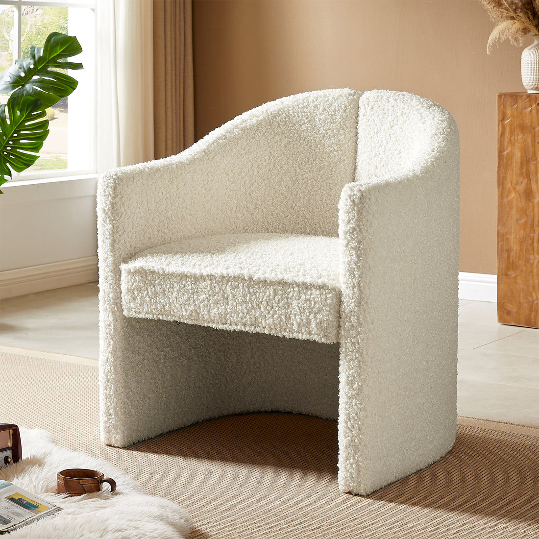 Mirod Stylish Curved Design, Comforting Embrace, Versatile Aesthetic, Dual Purpose Decorative Accent Chair, For Living Room,Bedroom And Study White Boucle