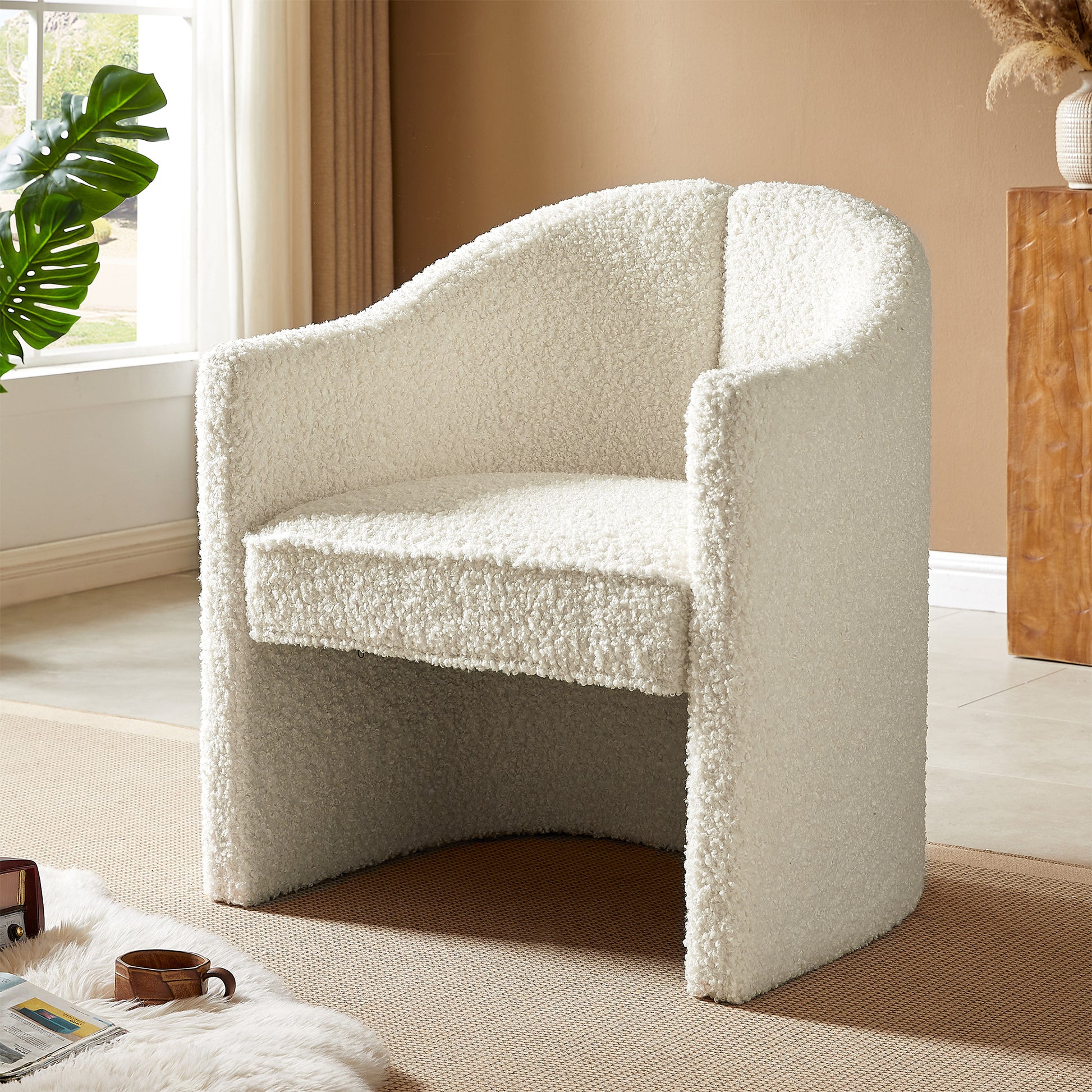 Mirod Stylish Curved Design, Comforting Embrace, Versatile Aesthetic, Dual Purpose Decorative Accent Chair, For Living Room,Bedroom And Study White Boucle