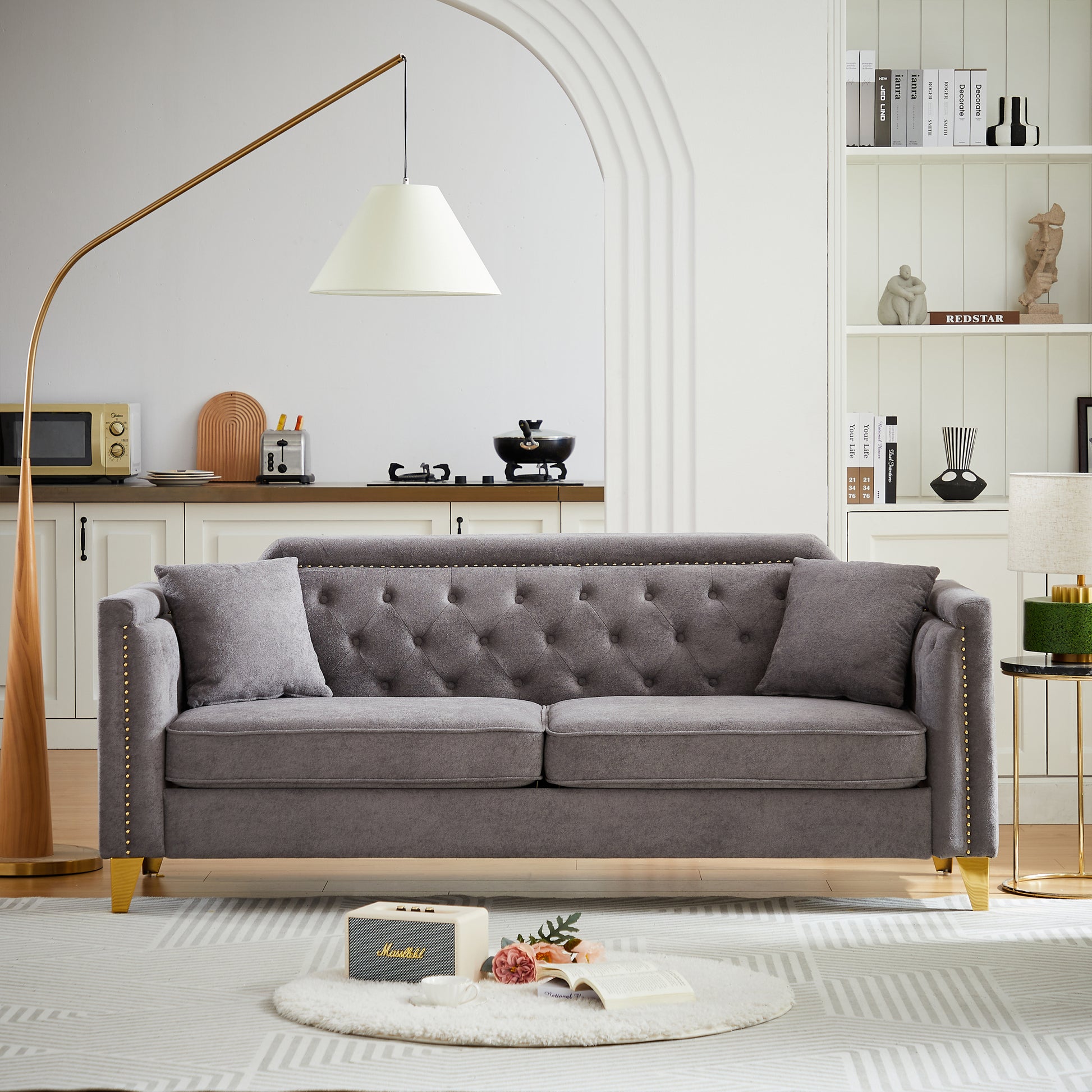 Fx 81"Mid Century Design Modern Sofa,Chenille Pull Buckle Design Sofa For Living Room,Buttons Tufted With Copper Nail Decoration Armrest, With 2 Pillows,Modern Couch Upholstered Button And Metal Leg Grey Chenille Pine Foam Fabric 3 Seat